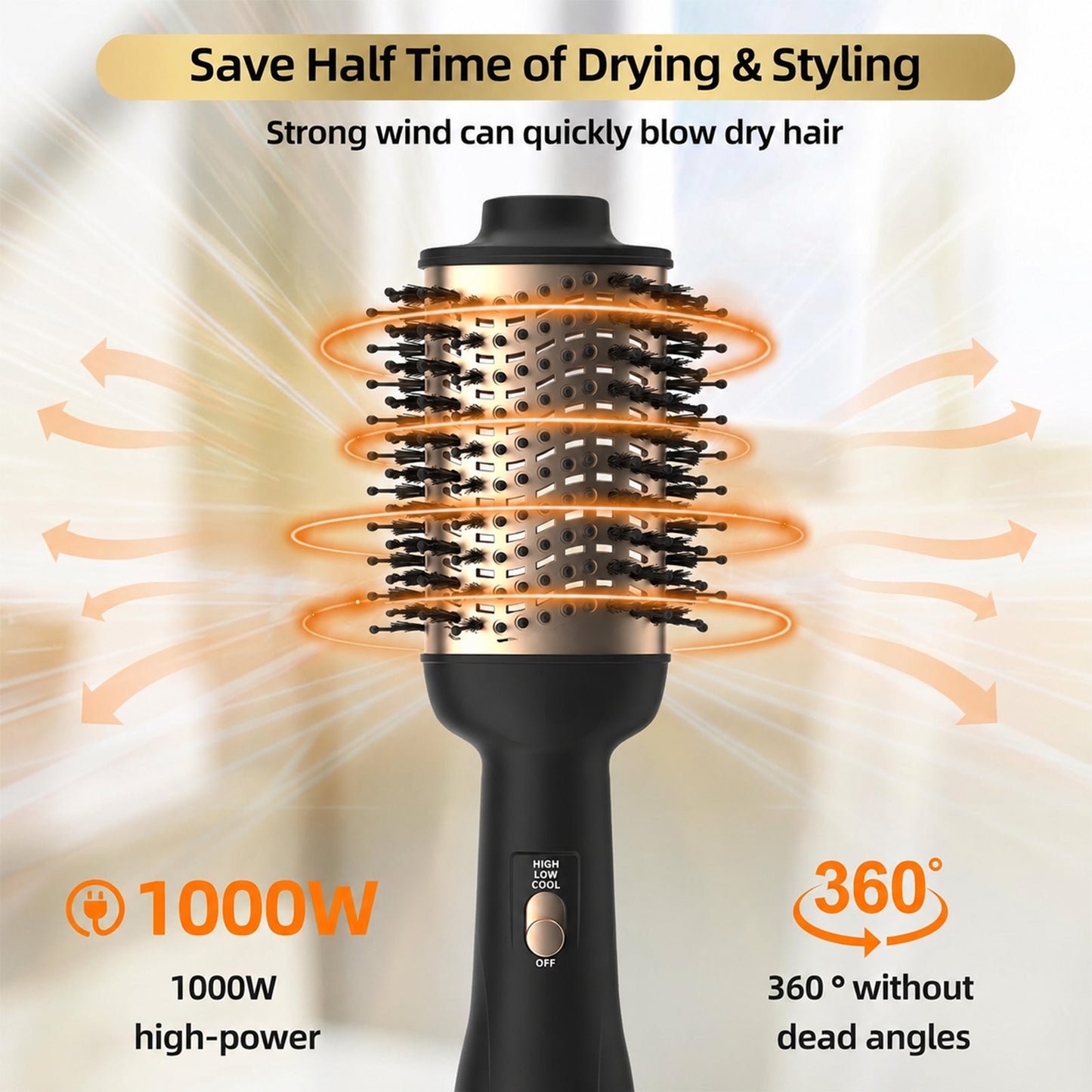 Behome Hair Dryer Brush, 4-in-1 Blow Dryer Brush with Oval Ceramic Barrel,Hot Air Brush for Fast Styling,Frizz-Free,Voluminous Blowouts, Gold Black