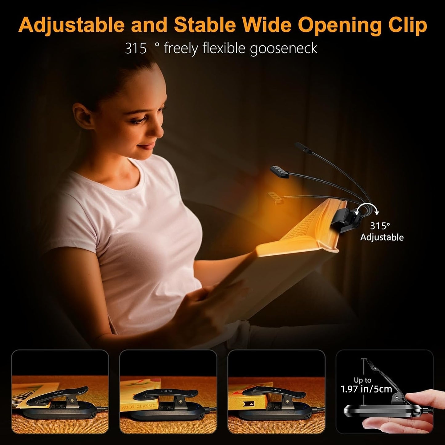 Behome Book Light, 24 LED Rechargeable Reading Light with 3 Color Temperatures and 5 Brightness Levels, Portable Clip on Reading Light for Reading in Bed, Black