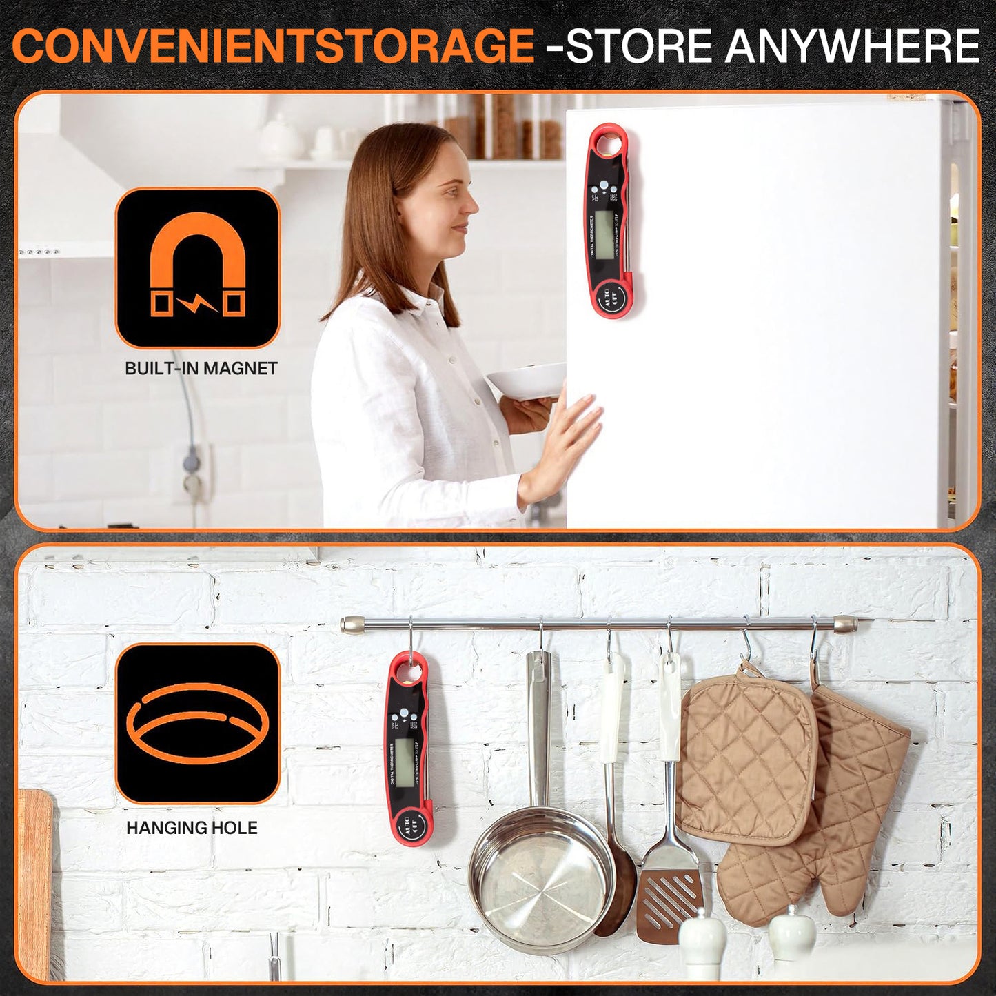 Behome Meat Thermometer, Food Thermometer for Cooking Kitchen Gadgets, Waterproof Digital Instant Read Meat Thermometer for Kitchen and Outside, BBQ, Turkey, Candy, Liquids, Beef