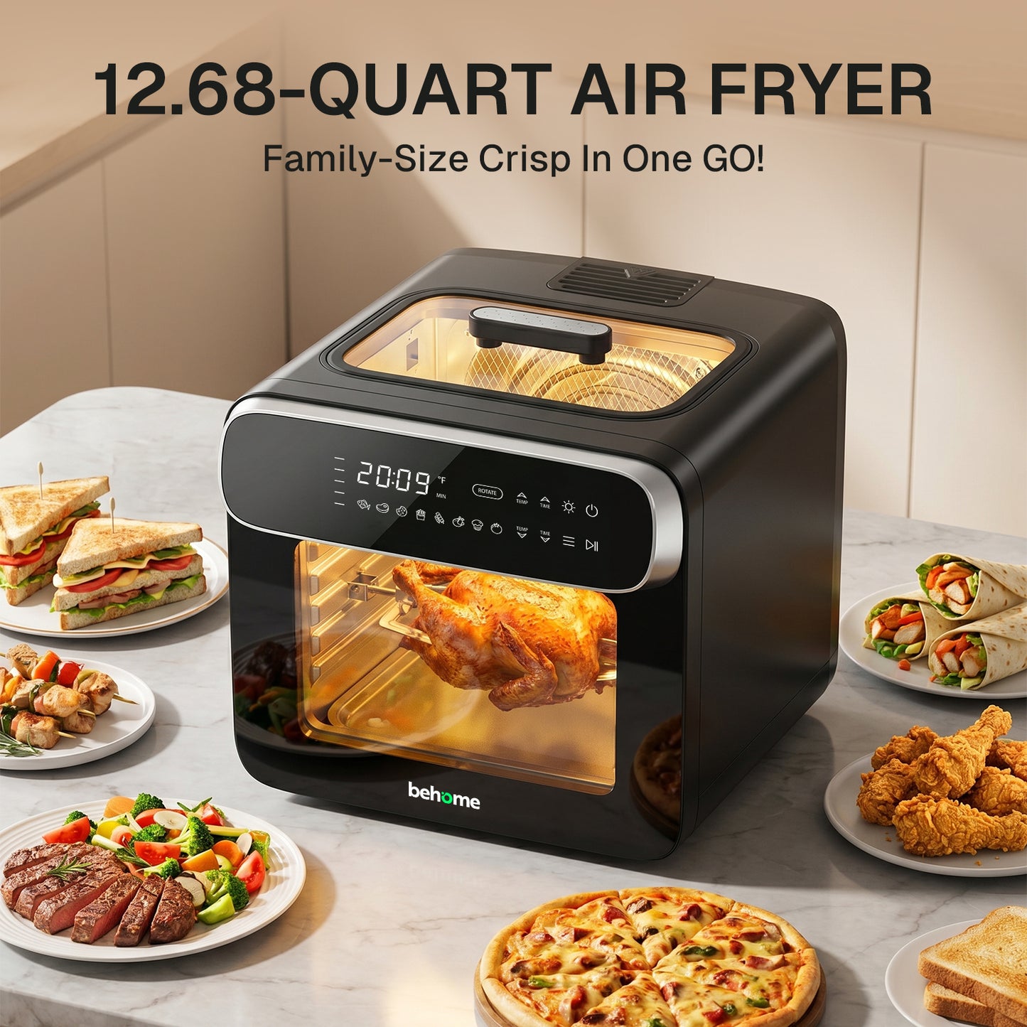 Behome 12.68QT Air Fryer Oven，8-in-1 Functions Digital Airfryer with Visible Window, 3-Layer Cooking Air Fryer for Crisps, Bakes, Roasts,1600W,Black