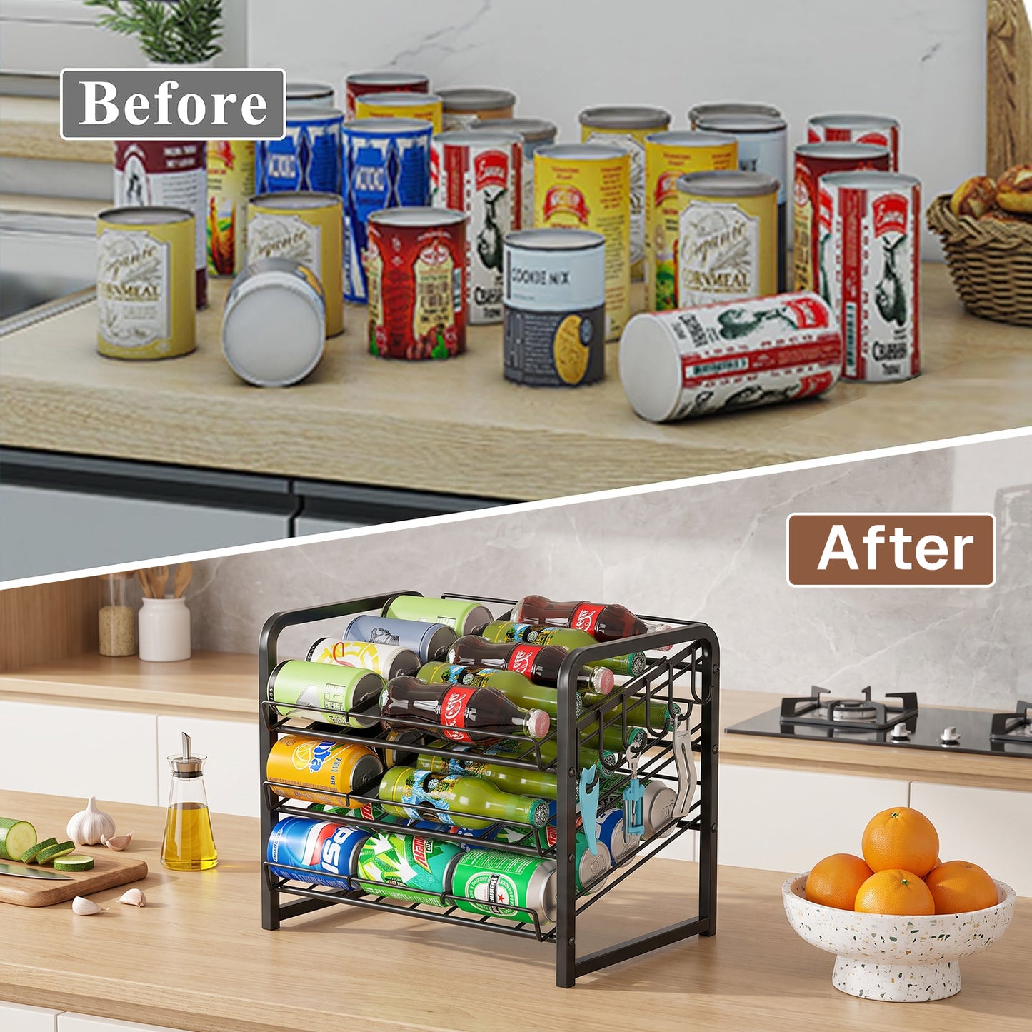 Behome 3 Tier Can Organizer for Pantry, Can Rack Organizer with Adjustable Dividers, Sturdy Can Storage Holder for Canned Food Soda Drinks, Black