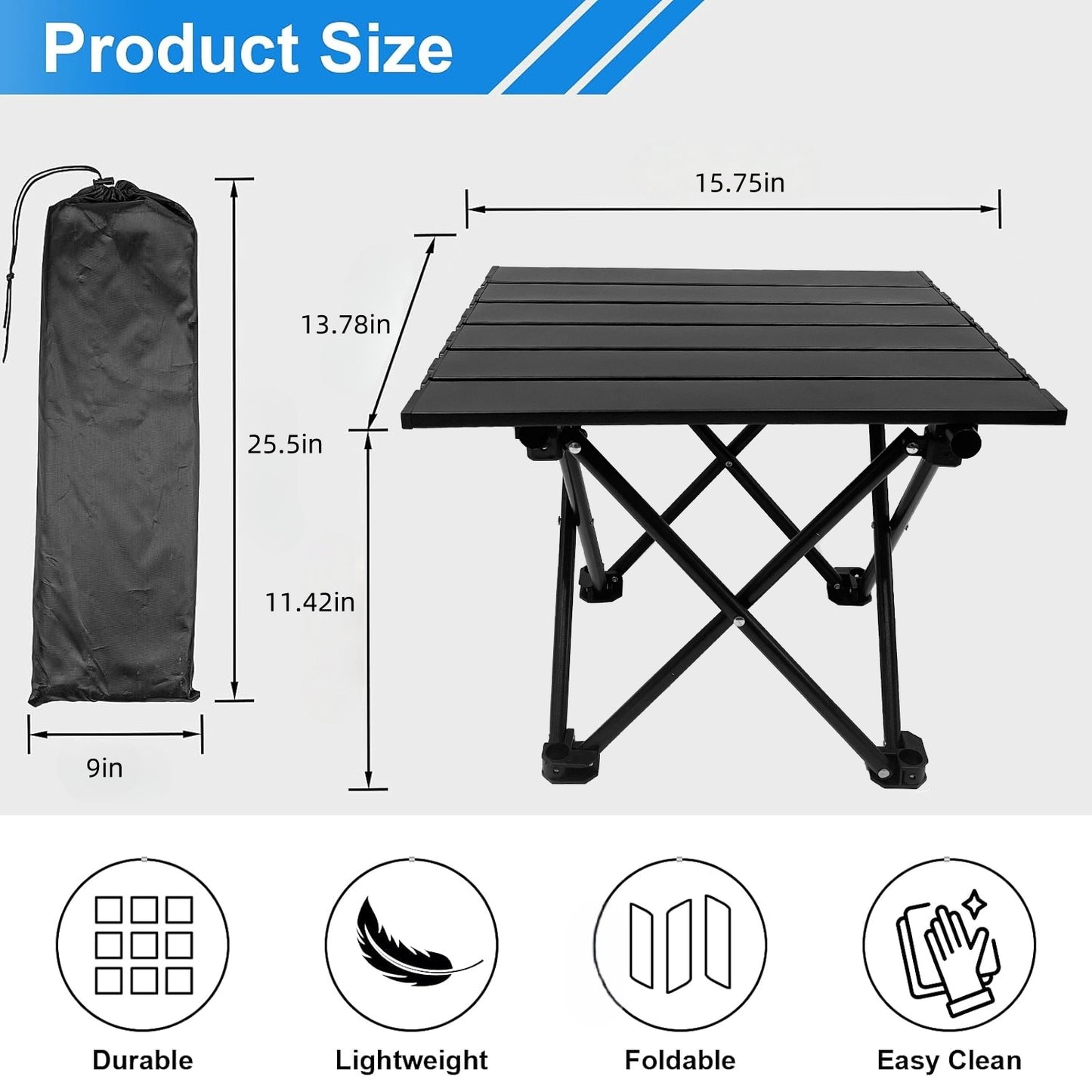 BN-LINK Small Camping Table, Portable Folding Beach Table, Outdoor Ultralight Metal Camping Table, with Carry Bag for Outdoor Cooking, Picnic, Camp, Boat, Travel, Black