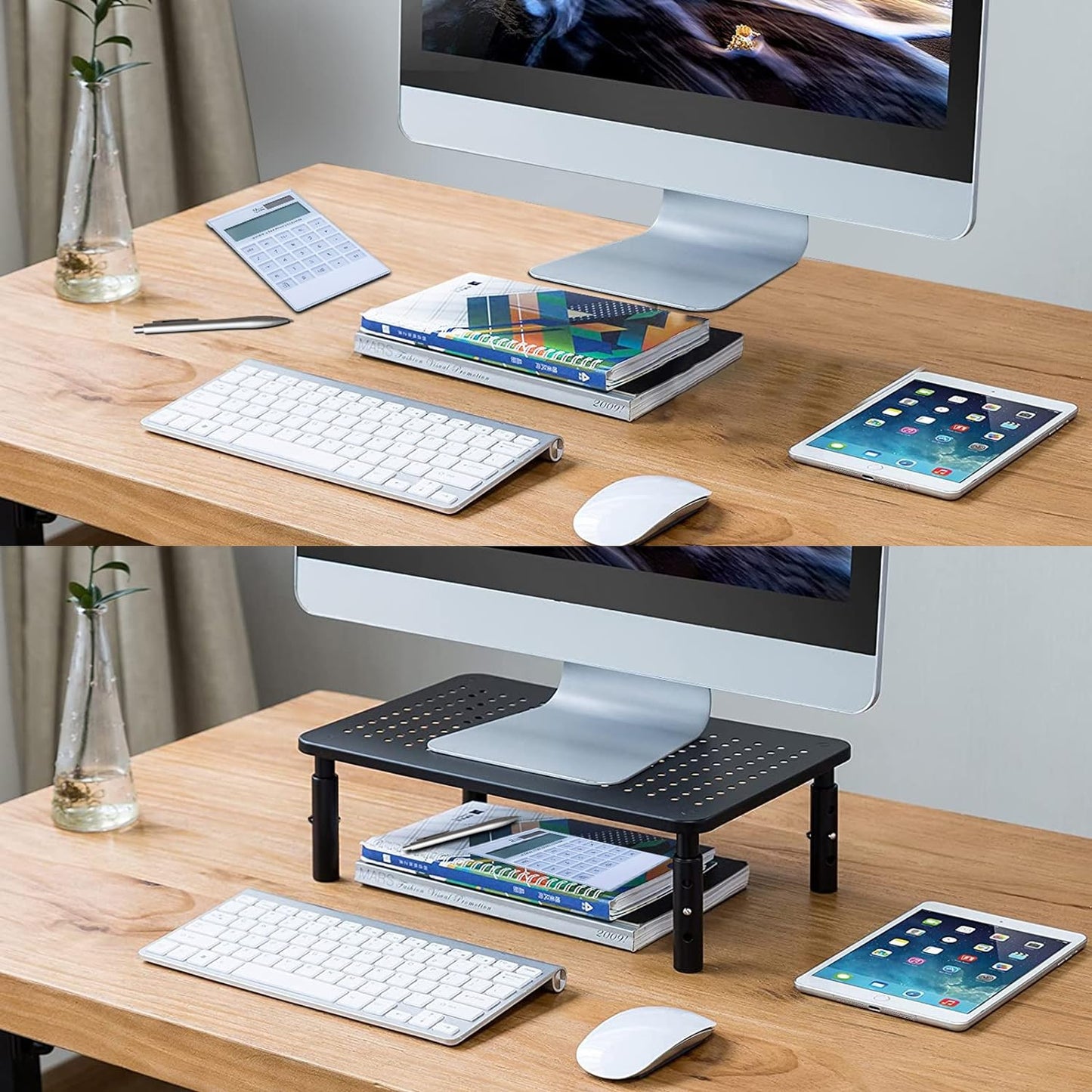 Behome 2 Pack Monitor Stand, Desk Monitor Riser 3 Height Adjustable, Laptop Riser with Airflow Vents, Desktop Stand for Computer, Printer, Monitor, Laptop, Black Steel, 14.57 in