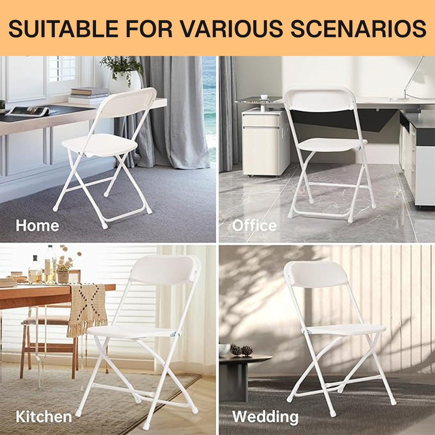 Behome 10 Pack Folding Chairs,Heavy Duty Stackable Event Chairs for for Wedding,Party,Office, 397lb Capacity,White