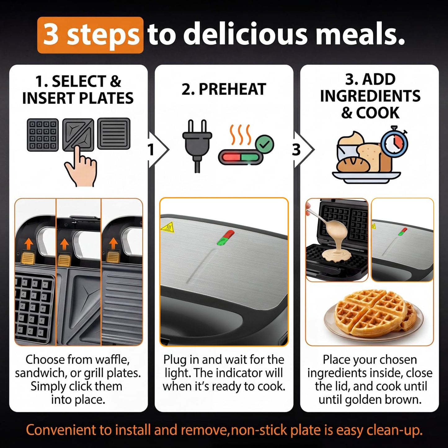 Behome 3 in 1 Waffle Maker with Nonstick Plates, Electric Sandwich Maker with Indicator Light, Sandwich Press Grill for Breakfast, Ham, Steaks, Black