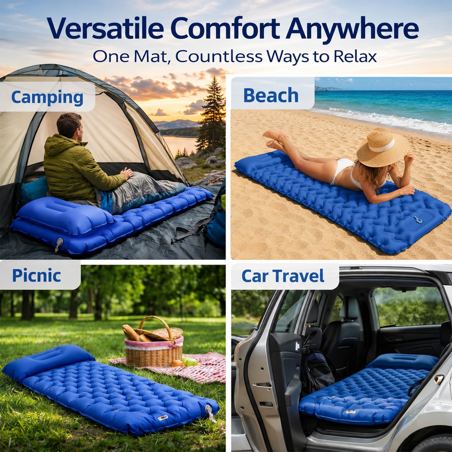 BN-LINK Camping Sleeping Pad, Inflatable Camping Mattress with Built-in Foot Pump & Pillow, Compact Sleeping Pad for Camping, Tent, Backpacking, Hiking,Blue