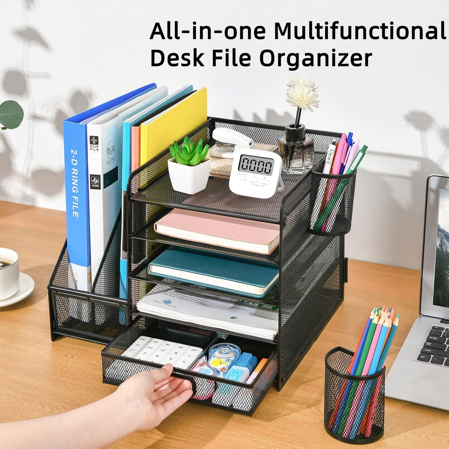 Behome Desk Organizer with File Holder, 5-Tier Desktop File Organizer with Drawer and 2 Pen Holders, Desk File Organizer for Office, Home or School, Black