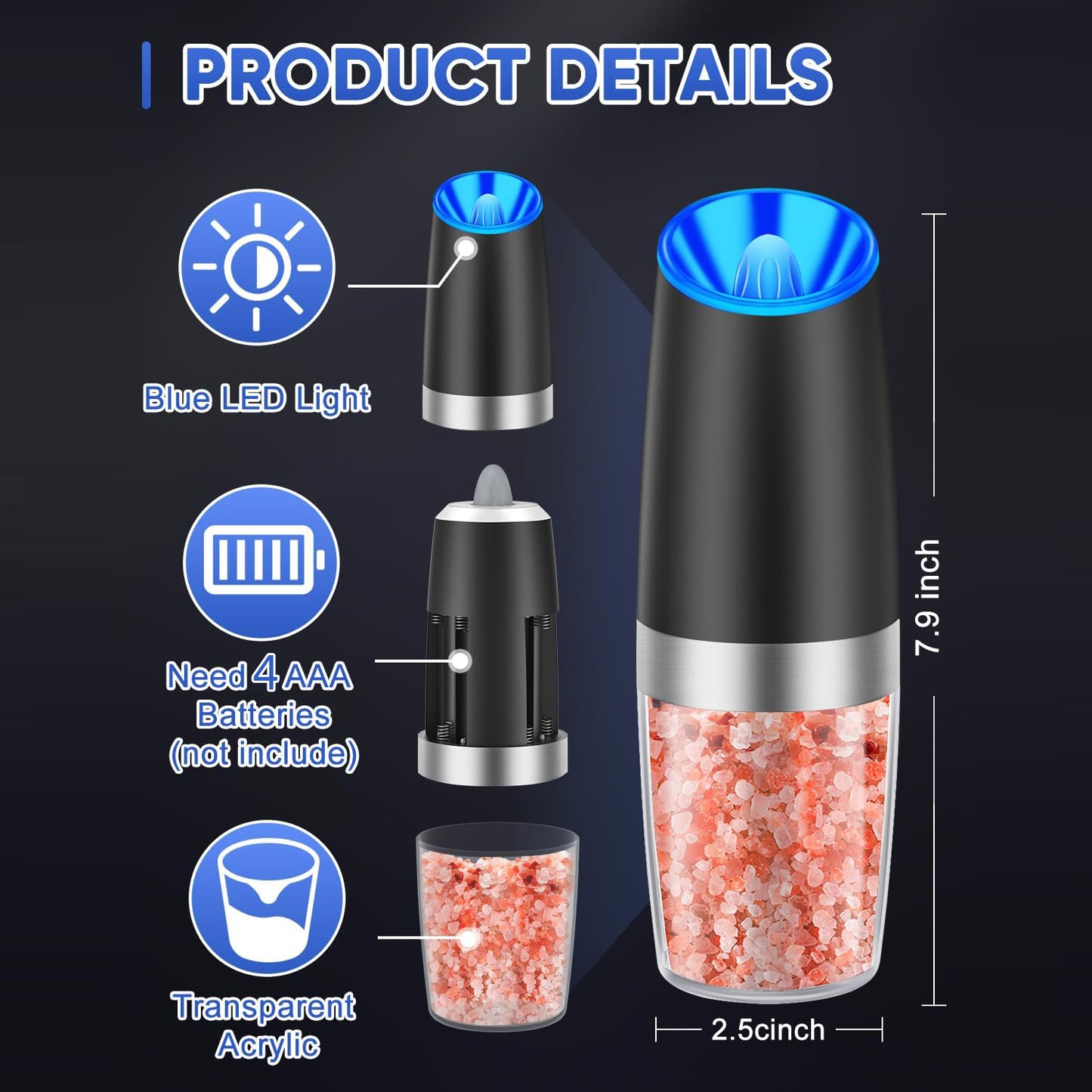 BN-LINK Gravity Electric Pepper and Salt Grinder Set, 2pack Battery Operated Automatic Pepper Mill Grinder with LED Light, Adjustable Coarseness, One Hand Automatic Operation, for Home Kitchen BBQ