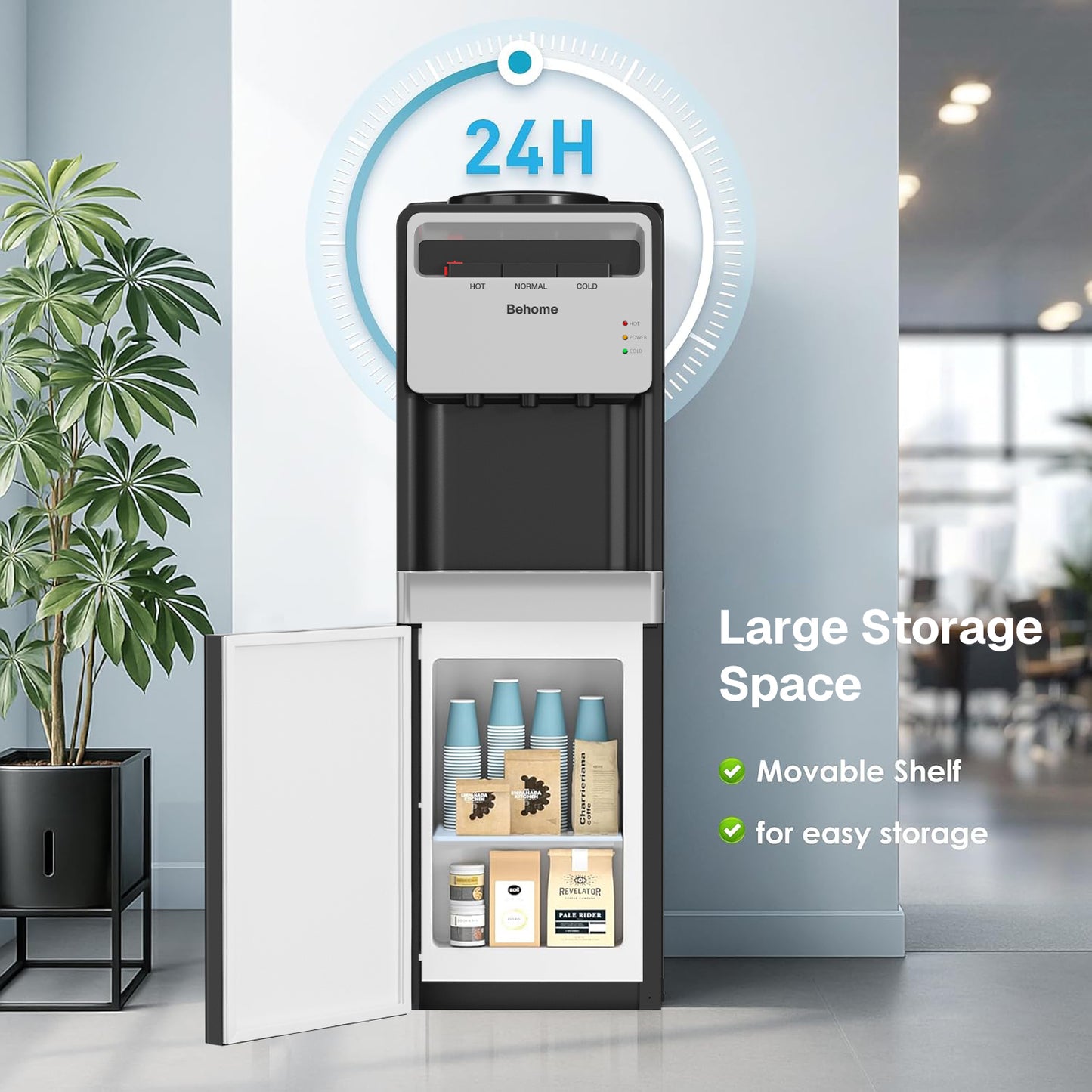 Behome Top Loading Water Cooler Dispenser, 3 Temperature Settings-Hot, Cold & Normal Water, Child Safety Lock, Holds 3 or 5 Gallon Bottles, for Homes, Kitchens, Offices, Dorms