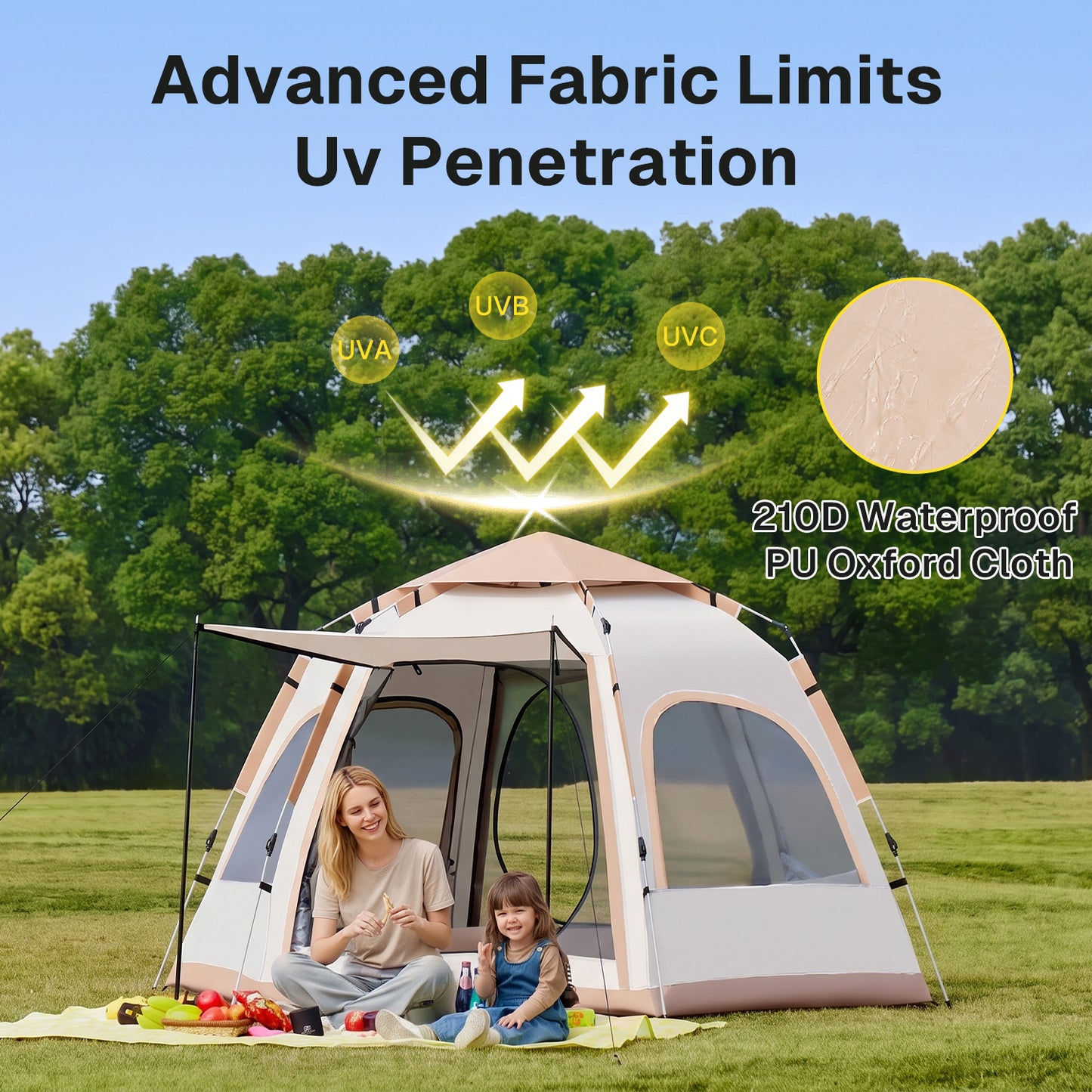BN-LINK 5-8 Person Camping Tent, Waterproof Windproof Pop Up Tent with 2 Doors, 4 Large Mesh Windows, Automatic Setup Instant Tents for Camping, Hiking & Traveling,Beige