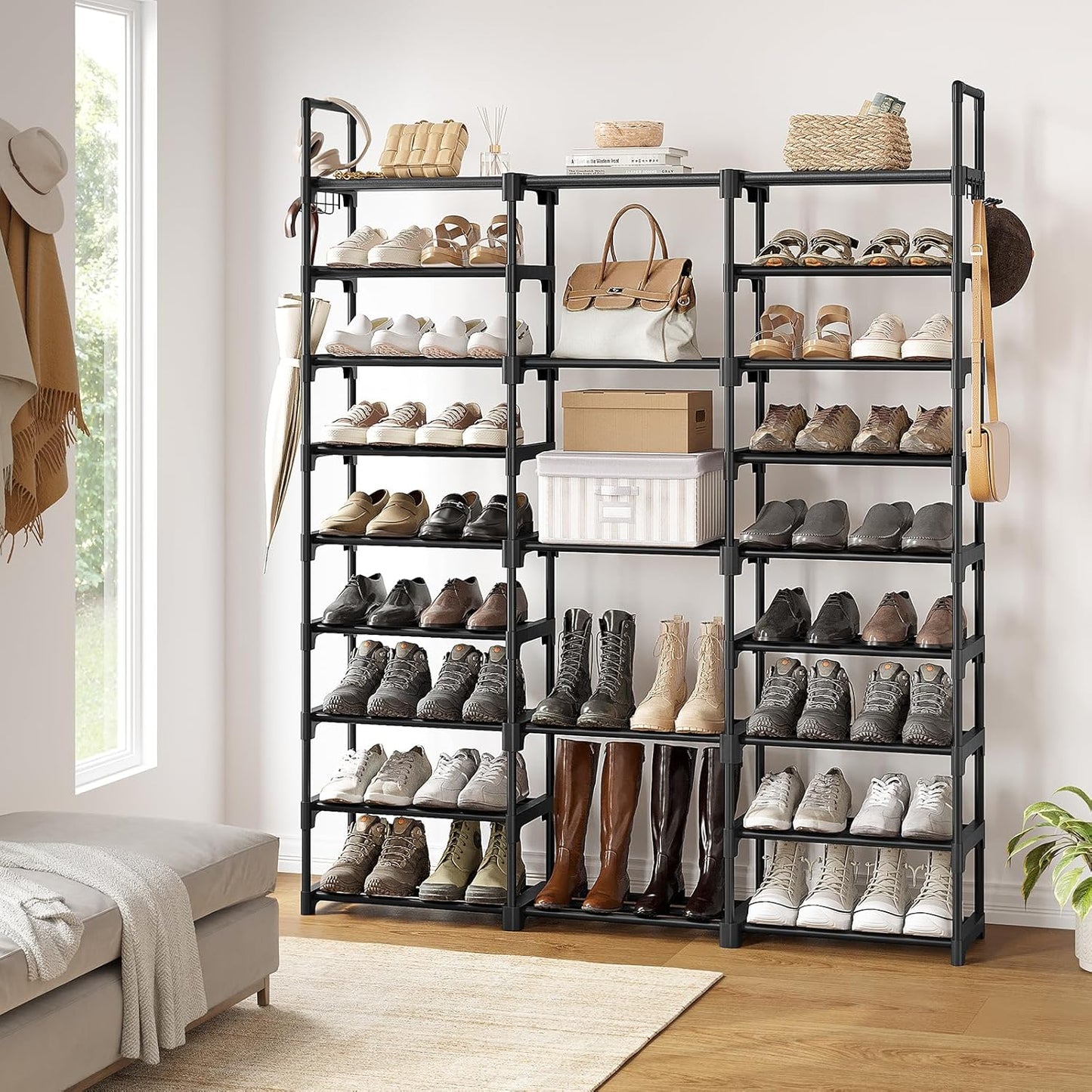 Behome 9-Tier Metal Shoe Rack, Tall Large Shoe Rack Storage Organizer with Hooks, Shoe Shelf for Entryway, Closet, Bedroom, Living Room, Black