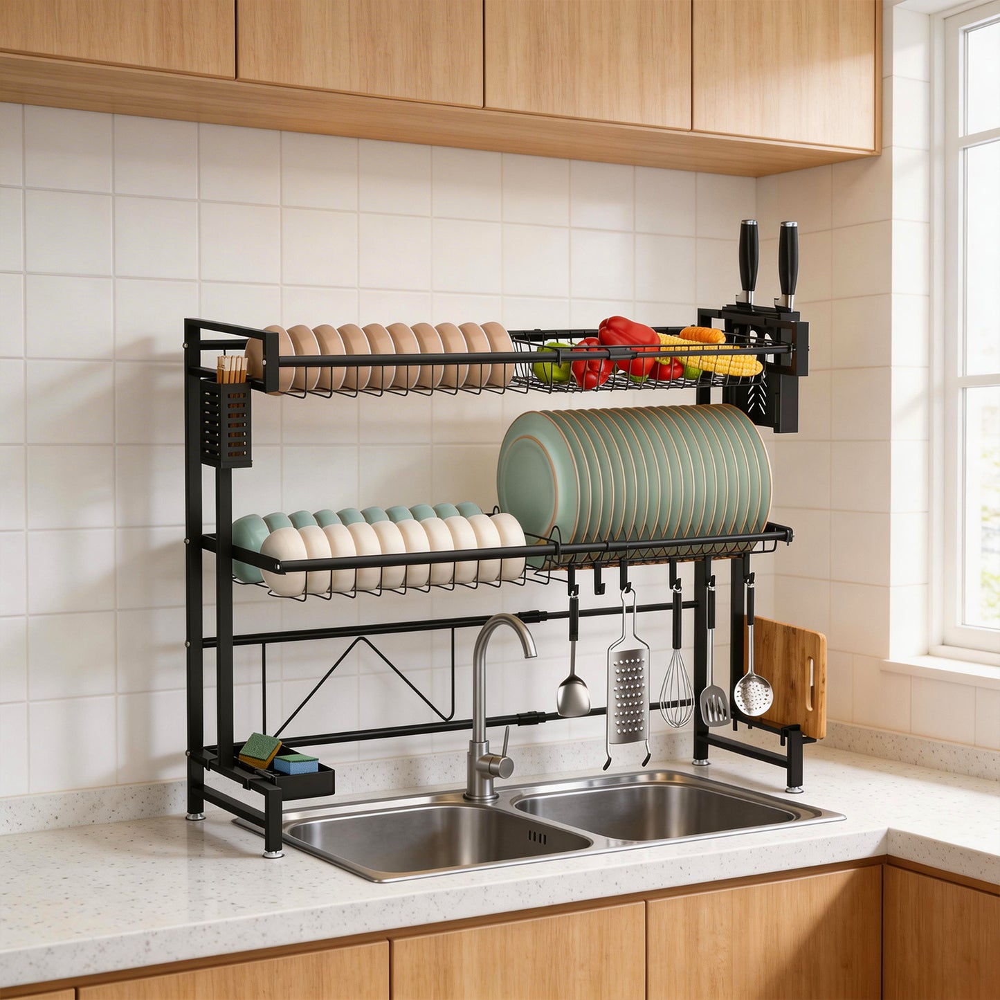 Behome Over The Sink Dish Drying Rack, 2 Tier Adjustable Stainless Steel Large Kitchen Dish Rack with Suction Cup, Snap-On Design, 24.4-39.37L x 11W x 28.74H inches(Expandable Length), Black