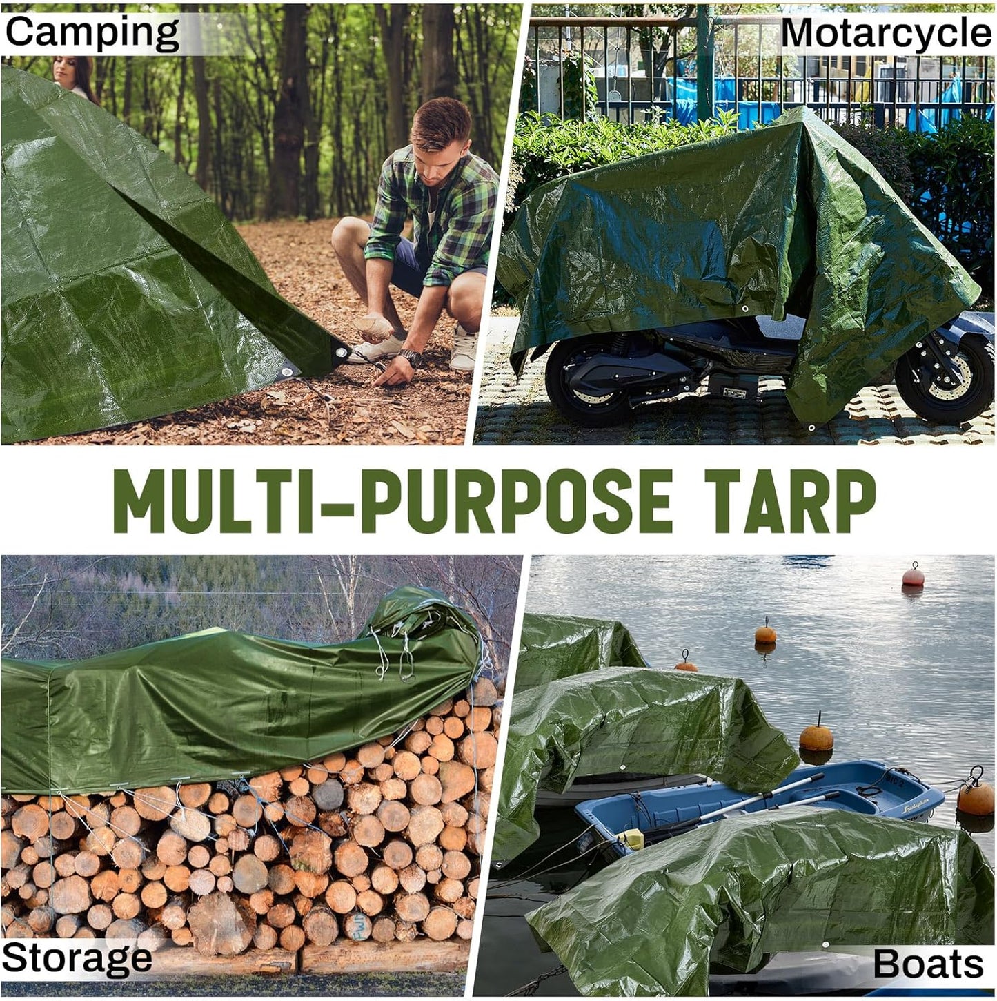 BN-LINK 9×9 Feet Tarp Cover, Waterproof & Weather Proof Multipurpose Protective Cover with Aluminum Grommets Every 6.5 ft, Heavy Duty Poly Tarp for Camping, Tent, Car, Green