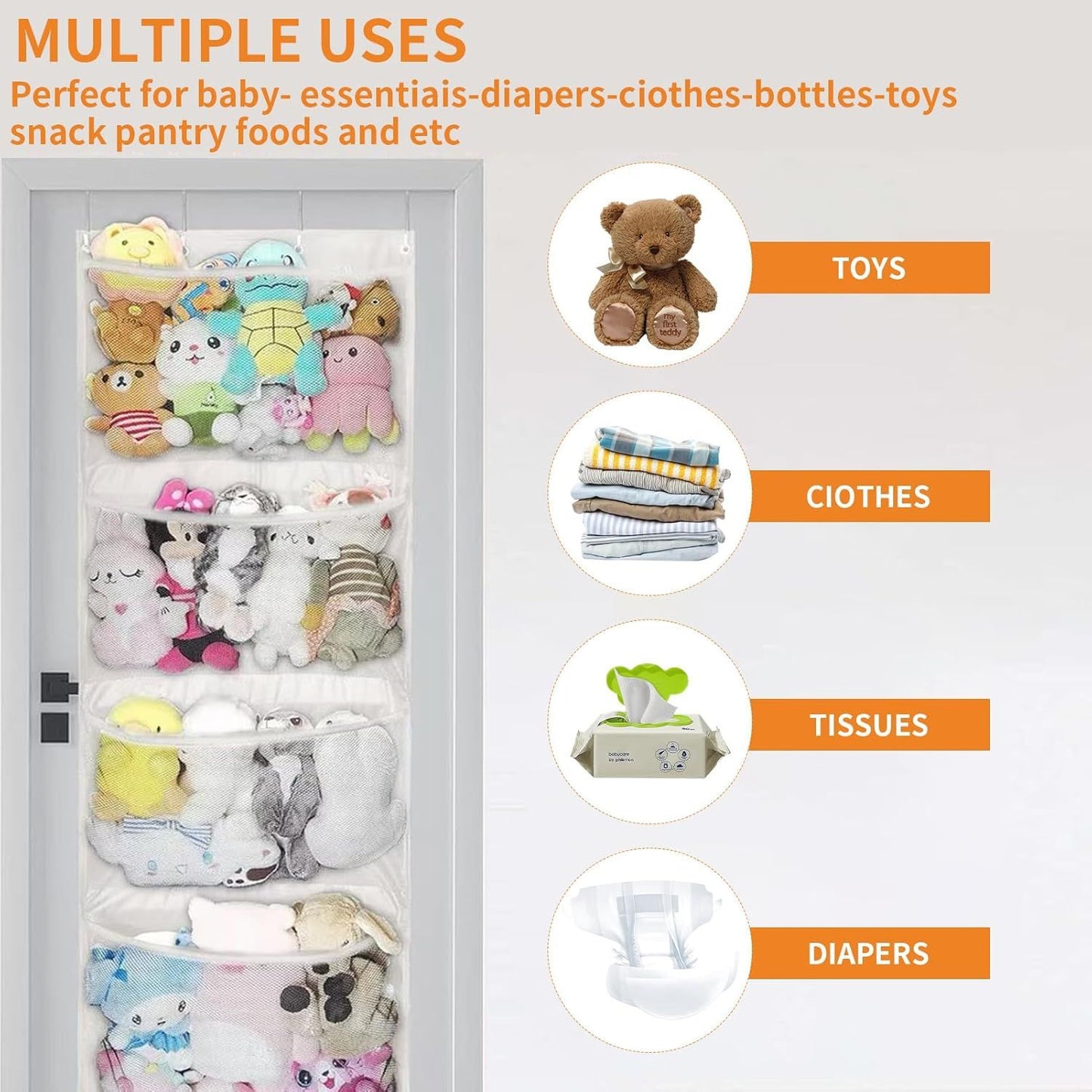 Behome Stuffed Animal Storage, Over the Door Organizer with 4 Large Pockets, Hanging Door Toy Organizer for Bedroom, Bathroom, Pantry, White