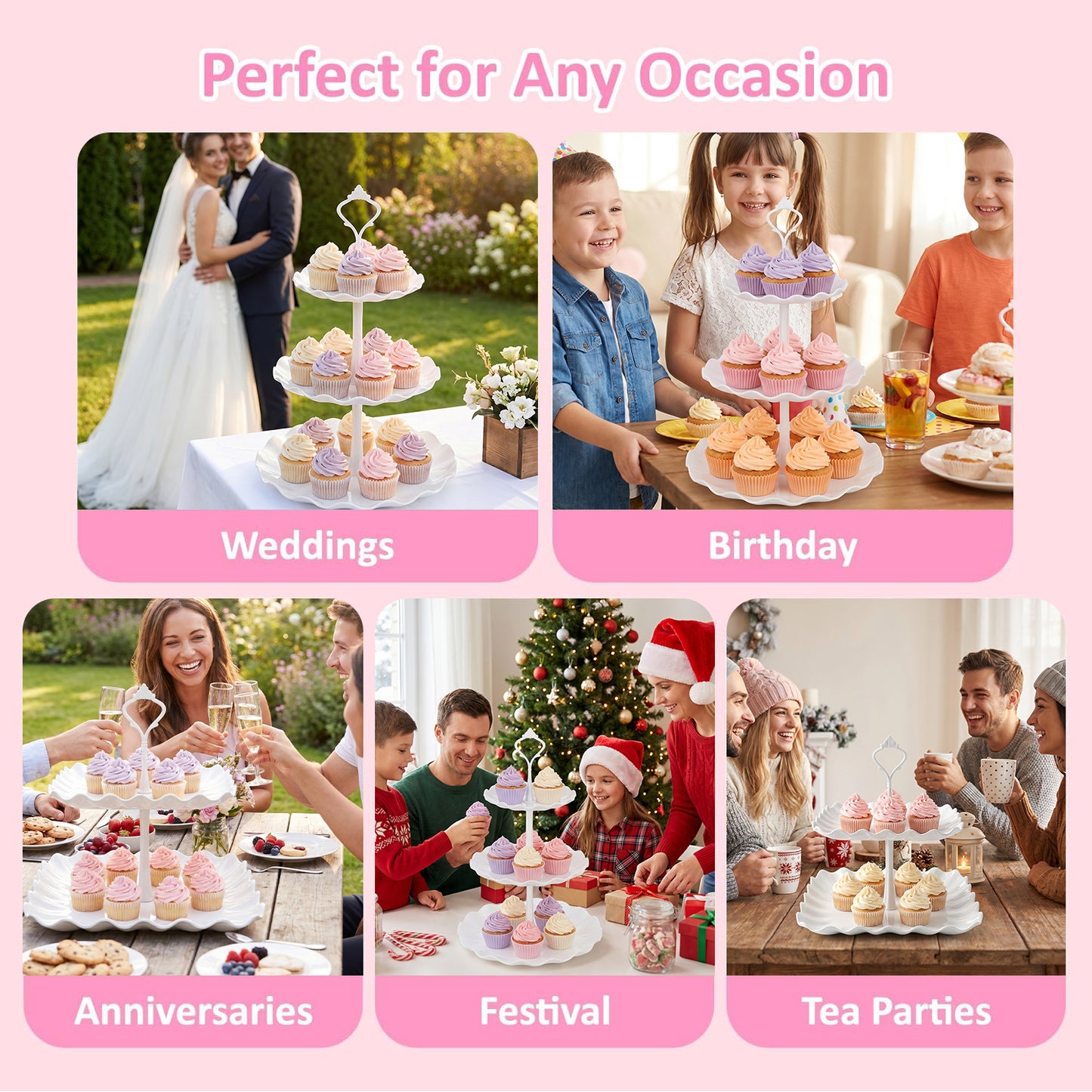 Behome 10Pcs Cupcake Stand, Cake Stand with Handle, 3 Two-Tier Square Stands, 3 Three-Tier Round Stands and 4 Serving Trays, Plastic Dessert Table Stand Set for Birthday, Tea Party, Wedding, Baby Showers