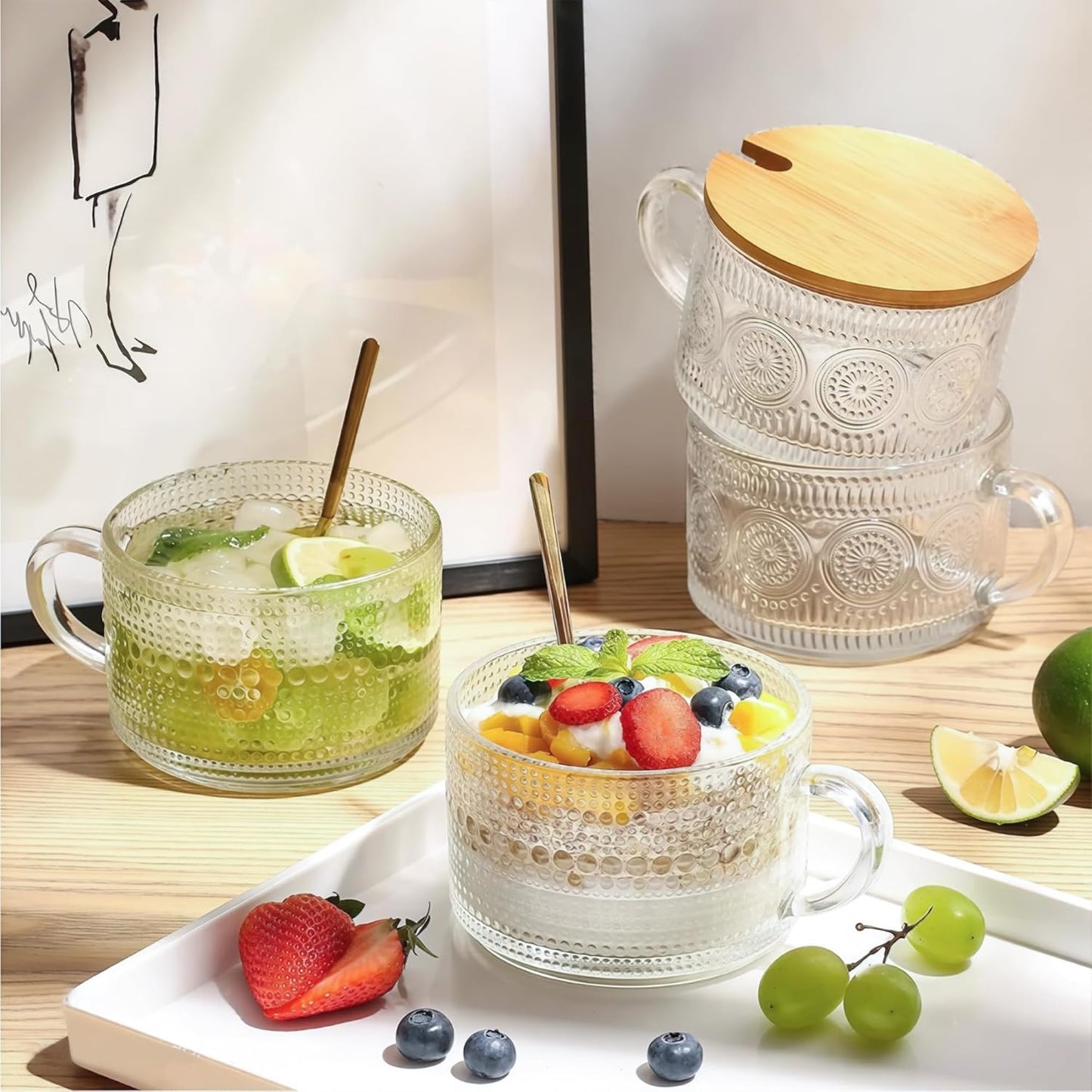 Behome 4pcs Set Glass Coffee Mugs, 14 Oz Coffee Cups with Bamboo Lids and Spoons, Clear Embossed Vintage Glass Cups for Cappuccino, Latte, Cereal, Yogurt