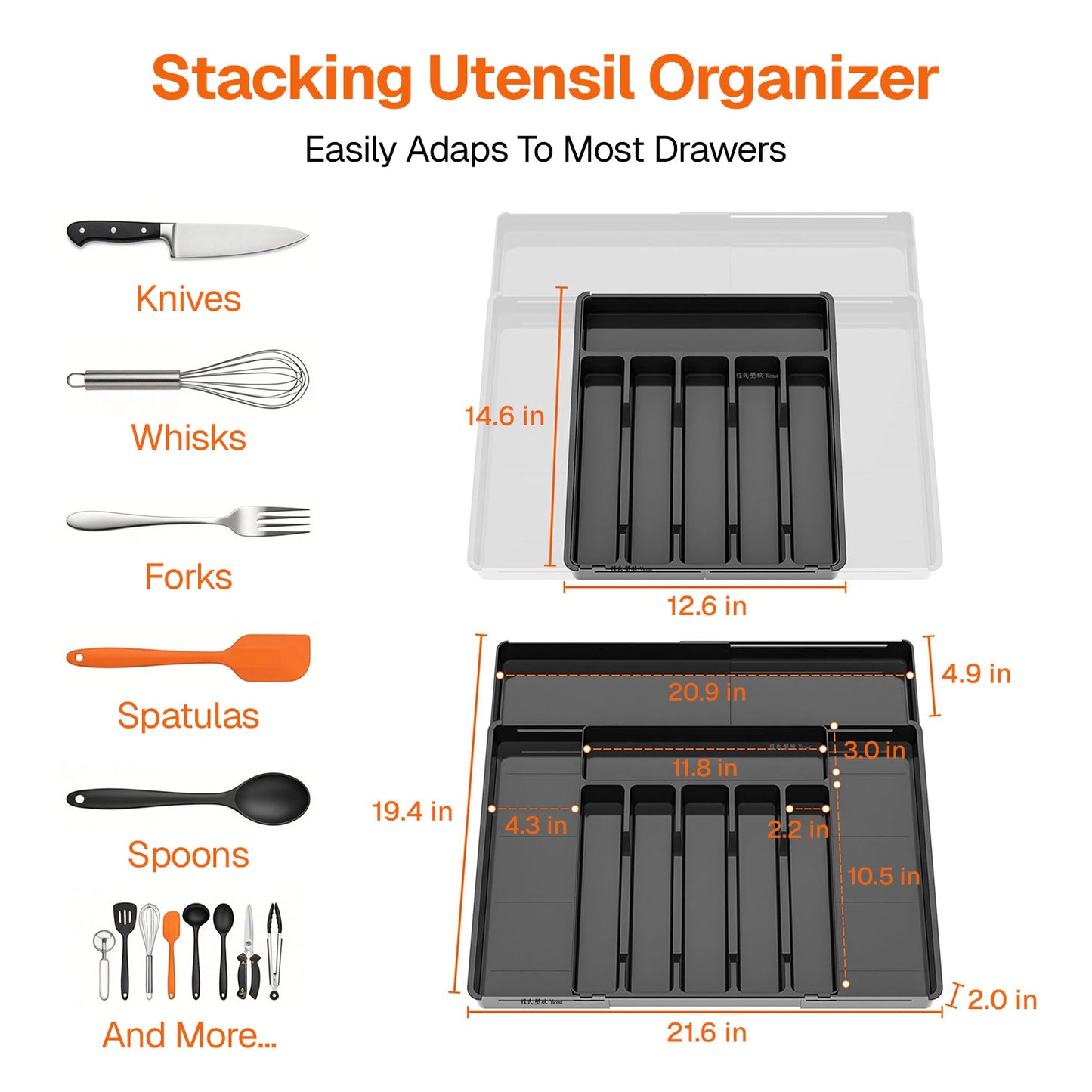 Behome Silverware Organizer, Expandable Silverware Tray for Drawer, Space-Saving 9 Storage Compartments Holds Silverware, Multipurpose Kitchen Drawer Organizer for Forks, Knives, Black