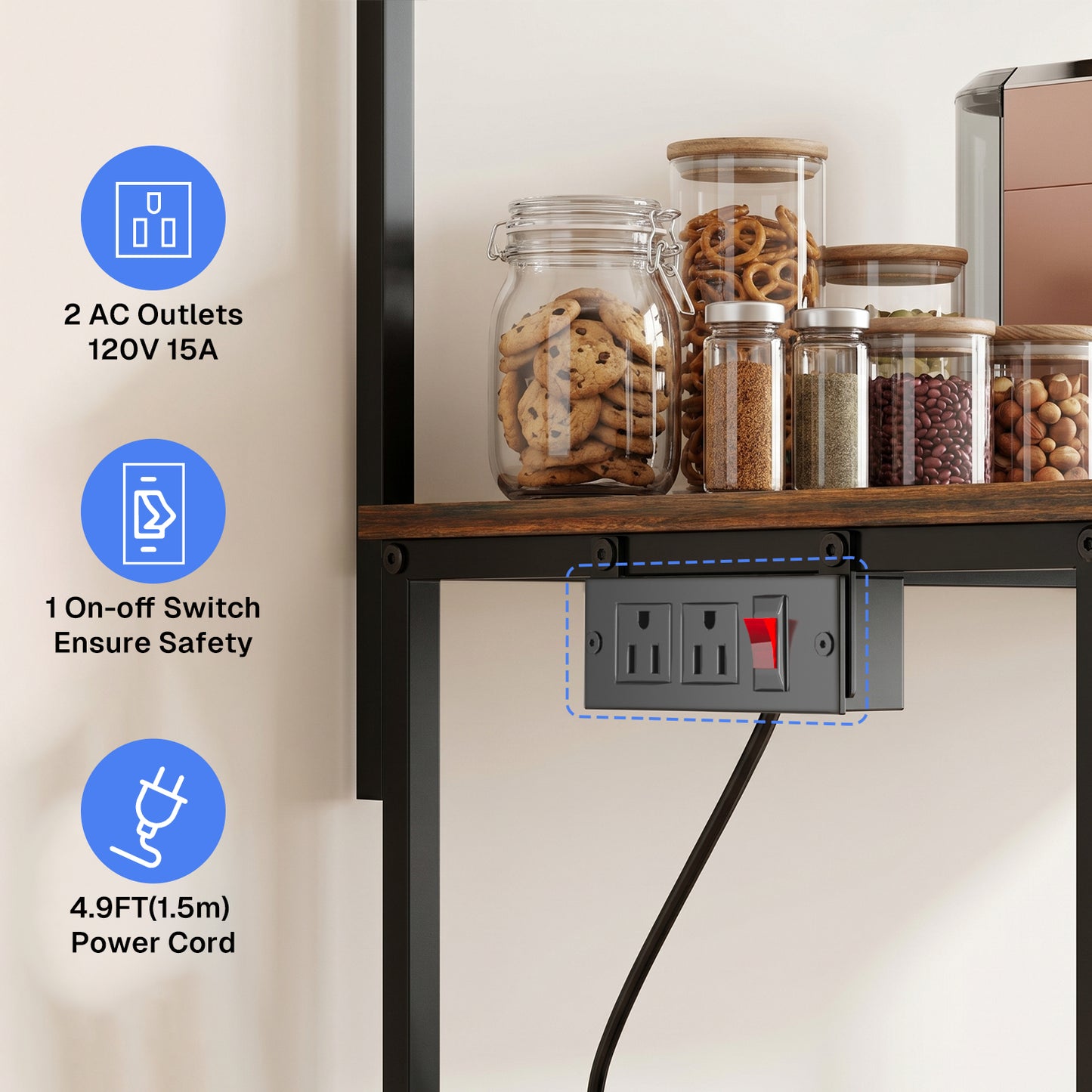 Behome Kitchen Bakers Rack with Power Outlet,Microwave Stand Station with 6 S Hooks,4 Tiers Kitchen Storage Shelf Rack for Kitchen, Dining Room,Living Room,Rustic Brown