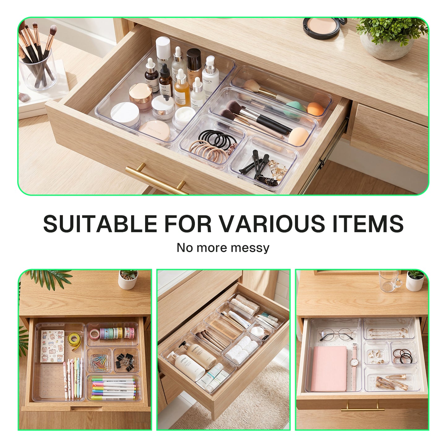 Behome 28 PCS Clear Plastic Drawer Organizers Set, 4-Size Versatile Drawer Organizer Trays, Storage Bins for Bathroom, Office, Makeup, Gadgets
