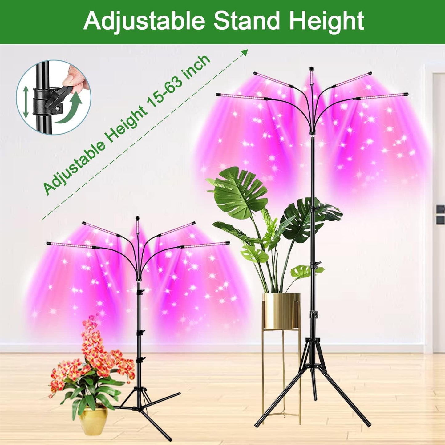 Behome 5 Heads Grow Light for Indoor Plants, Full Spectrum Plant Light with Adjustable Stand, Grow Lamp with Auto ON/Off Timer, 3 Light Modes & 10 Dimmable Brightness