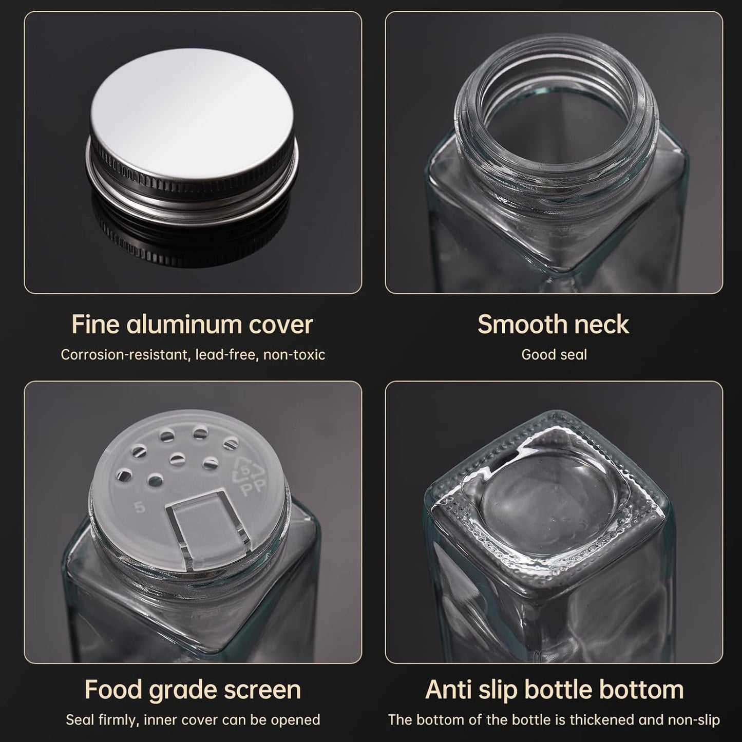 Behome 24 Pcs Glass Spice Jars with Spice Labels, 4oz Empty Square Spice Bottles with Shaker Lids, Airtight Caps, Funnel, Chalk Pen, Seasoning Bottles for Spice Rack, Drawer, Cabinet