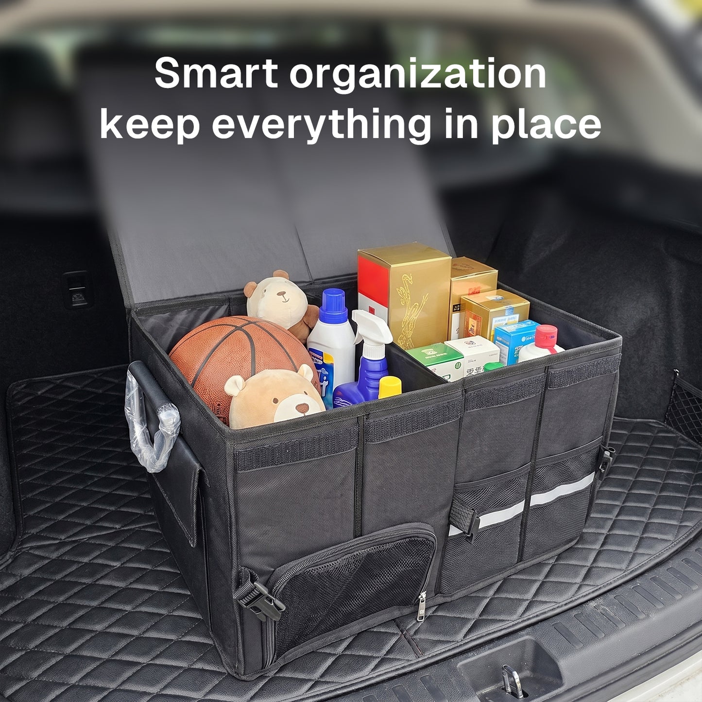 BN-LINK Car Trunk Organizer,52L Foldable Trunk Organizer, Aluminium Alloy Handle Car Storage Organization for Car,SUV, Truck, Black