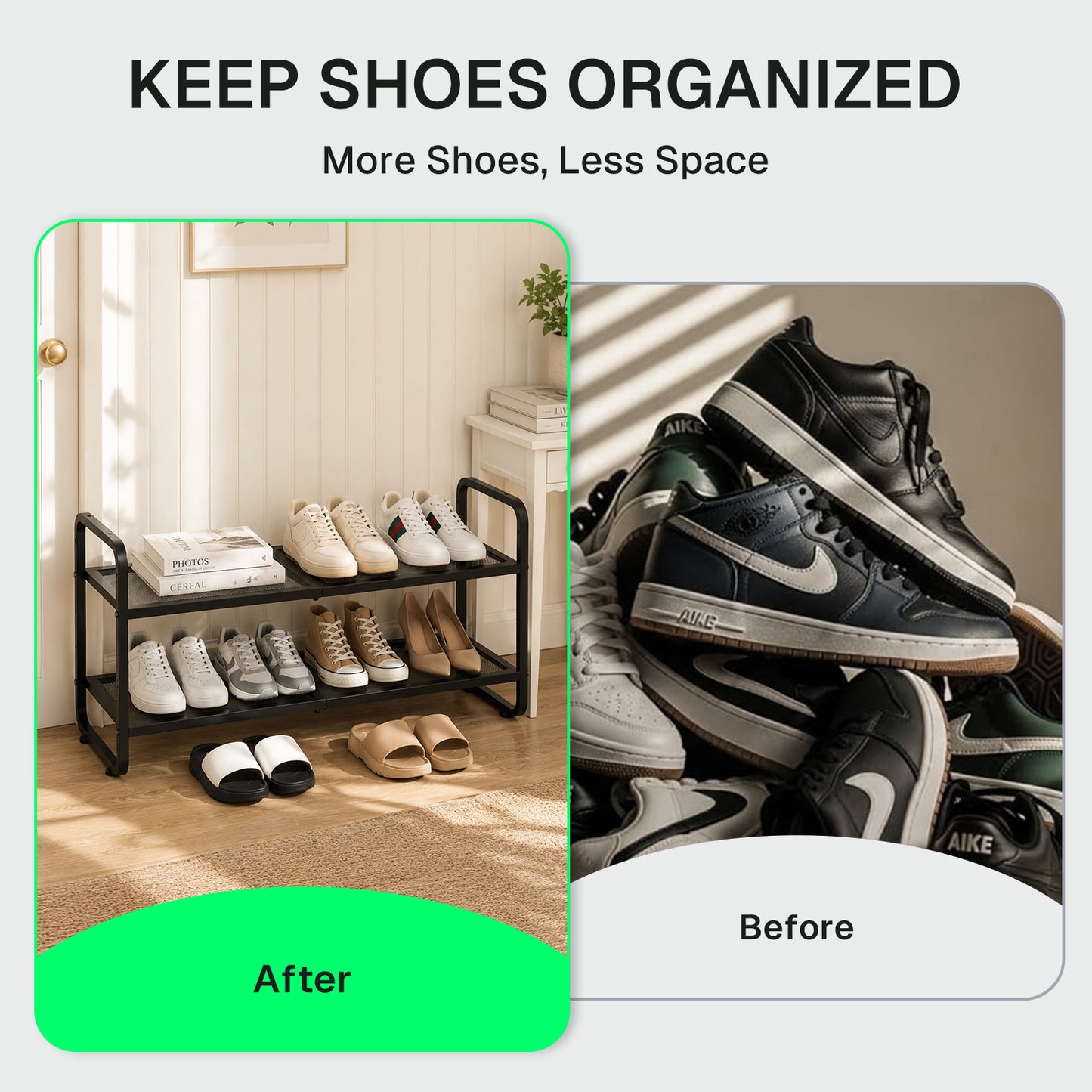 Behome 2-Tier Expandable Shoe Rack, Metal Shoe Shelf Storage, Adjustable Shoes Organizer for Closet, Entryway, Hallway, Garage, Front Door
