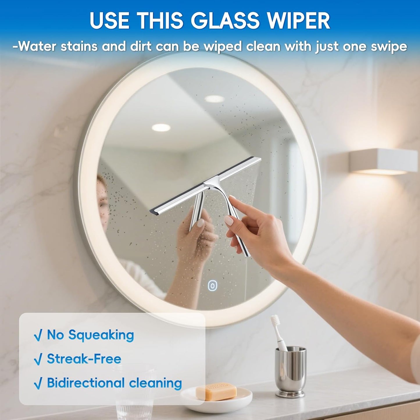 Behome 10 Inch Shower Squeegee for Shower Glass, All-Purpose Stainless Steel Squeegee with Adhesive Hooks, for Shower Doors, Car GlassM, irror and Window, Silver