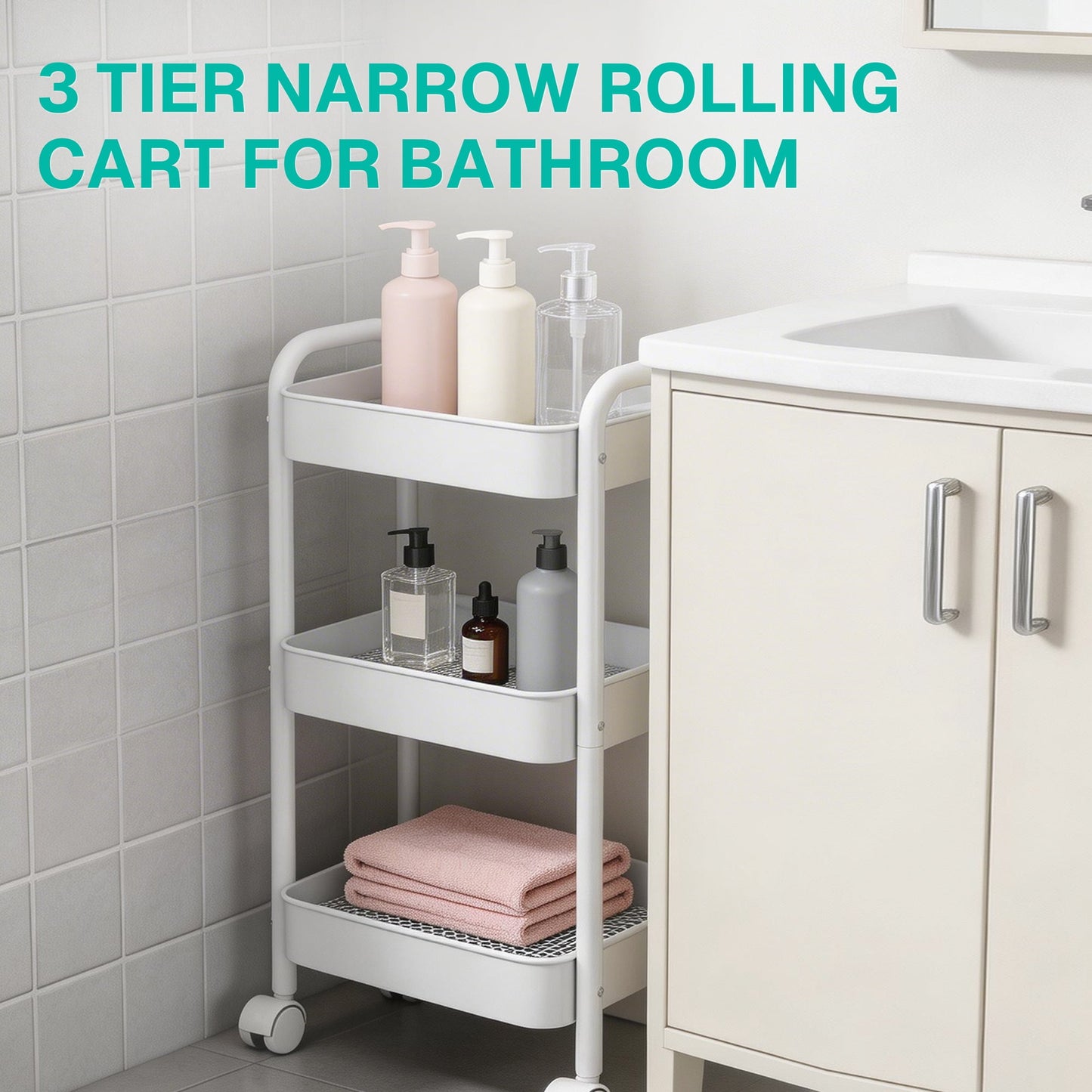 Behome Rolling Cart, 3 Tier Storage Trolley with Handle, Utility Cart with Plastic Shelf & Lockable Wheels, Kitchen Storage Organizer for Bathroom, Office, Bedroom, White
