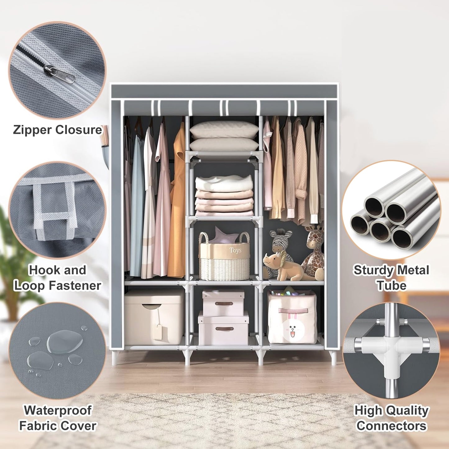 Behome Portable Closet Wardrobe, Wardrobe Closet Organizer with Non-Woven Fabric Cover, 8 Compartments, Large Clothes Storage Organizer, 51.2 x 17.7 x 67 Inches, Grey