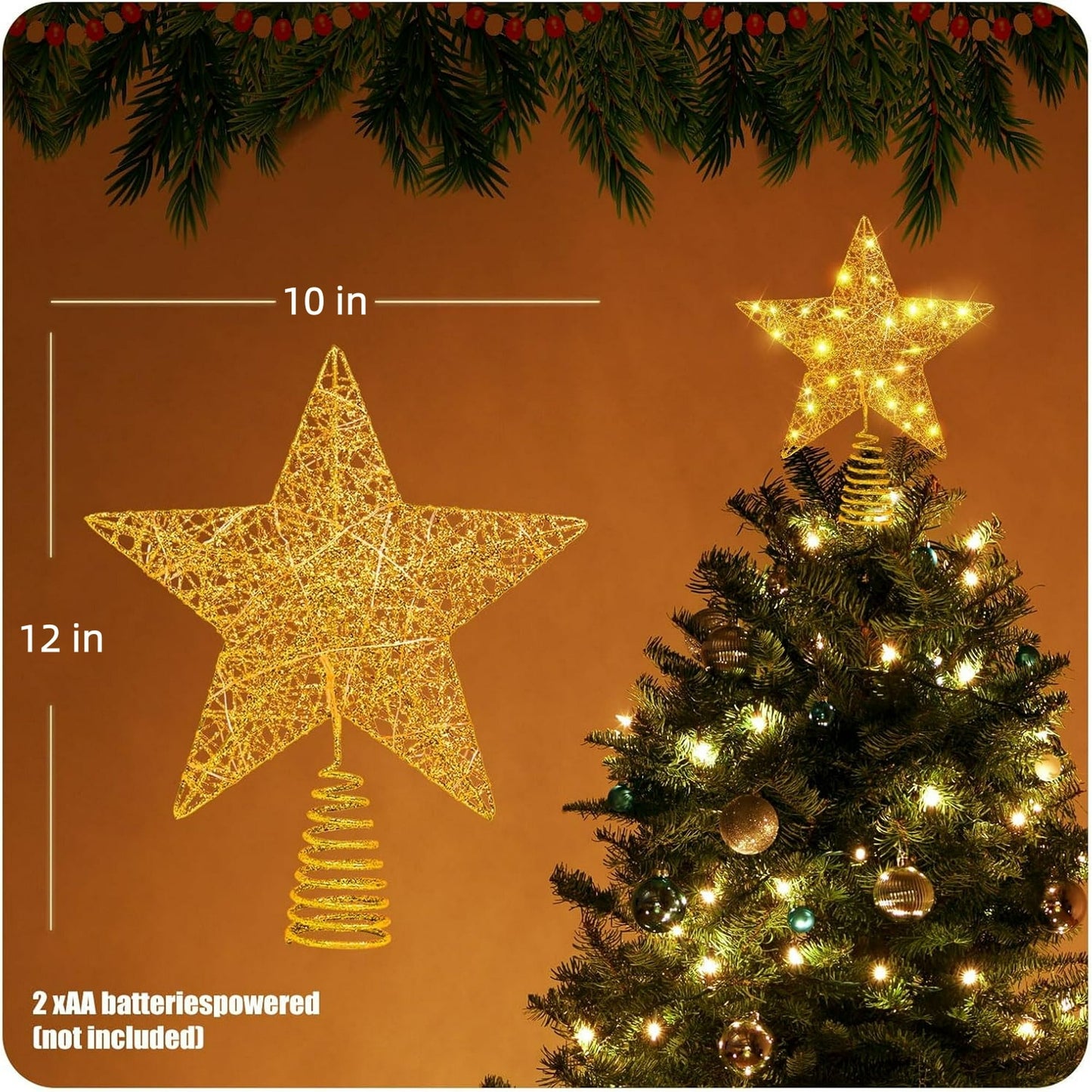 Behome Christmas Tree Topper, 12 Inches Gold Glitter Christmas Tree Ornaments, Metal Lighted with 20 LED Lights for Xmas Decorations, Holiday Party Indoor Decor