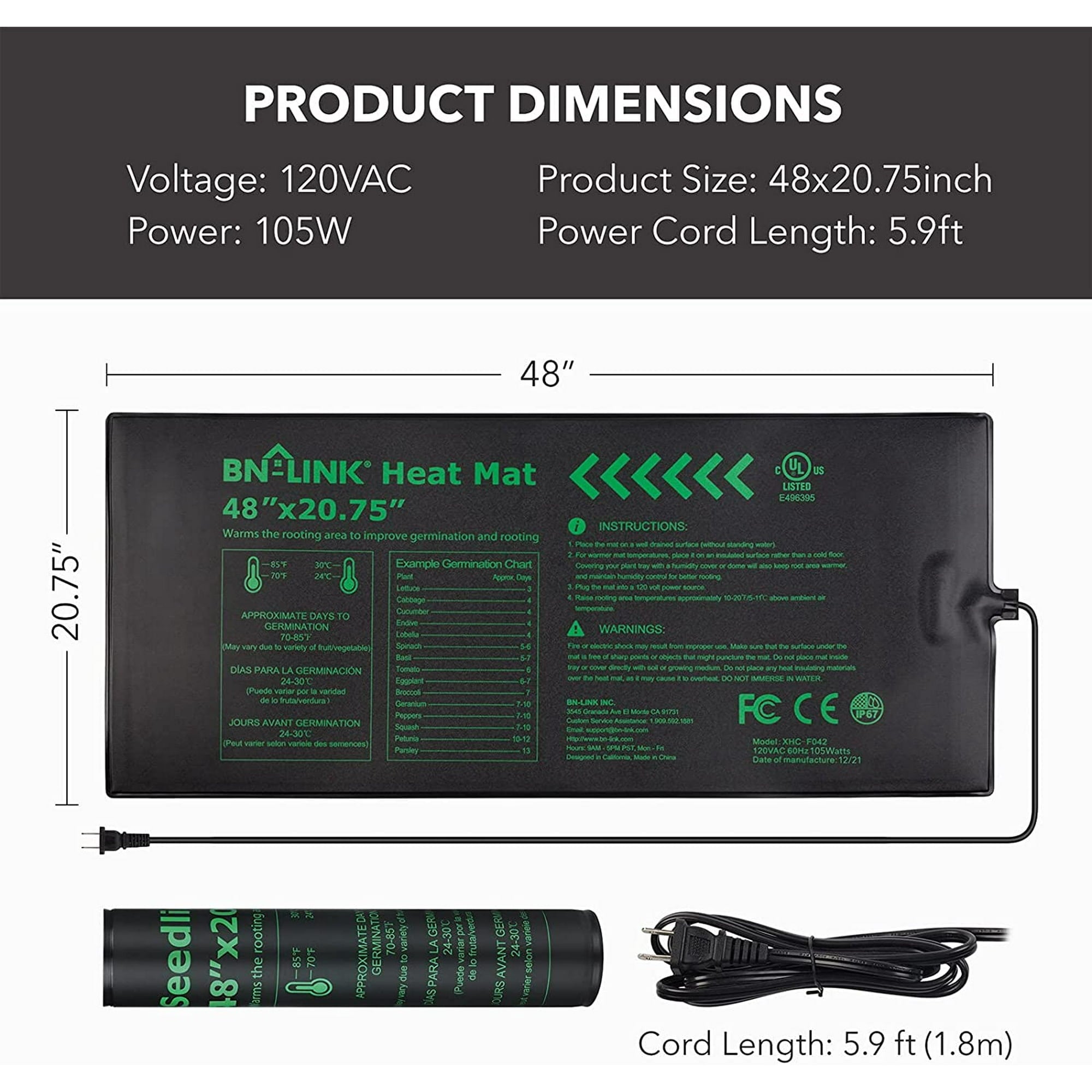 BN-Link Durable Seedling Heat Mat Warm Hydroponic Heating Pad Waterproof 48" x 20.75" for Seed Starting Greenhouse and Germination