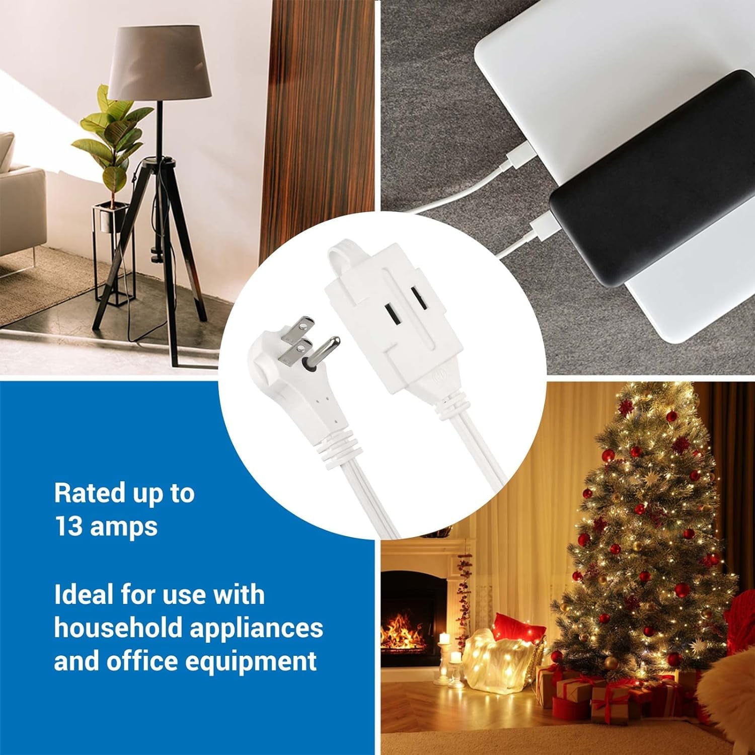 Clear Power 2-Pack 7 ft 3 Outlet Indoor Extension Cord 16/2 SPT-2, White, Low-Profile Flat Plug, 2 Prong Polarized, Perfect for Home, Kitchen, Offices