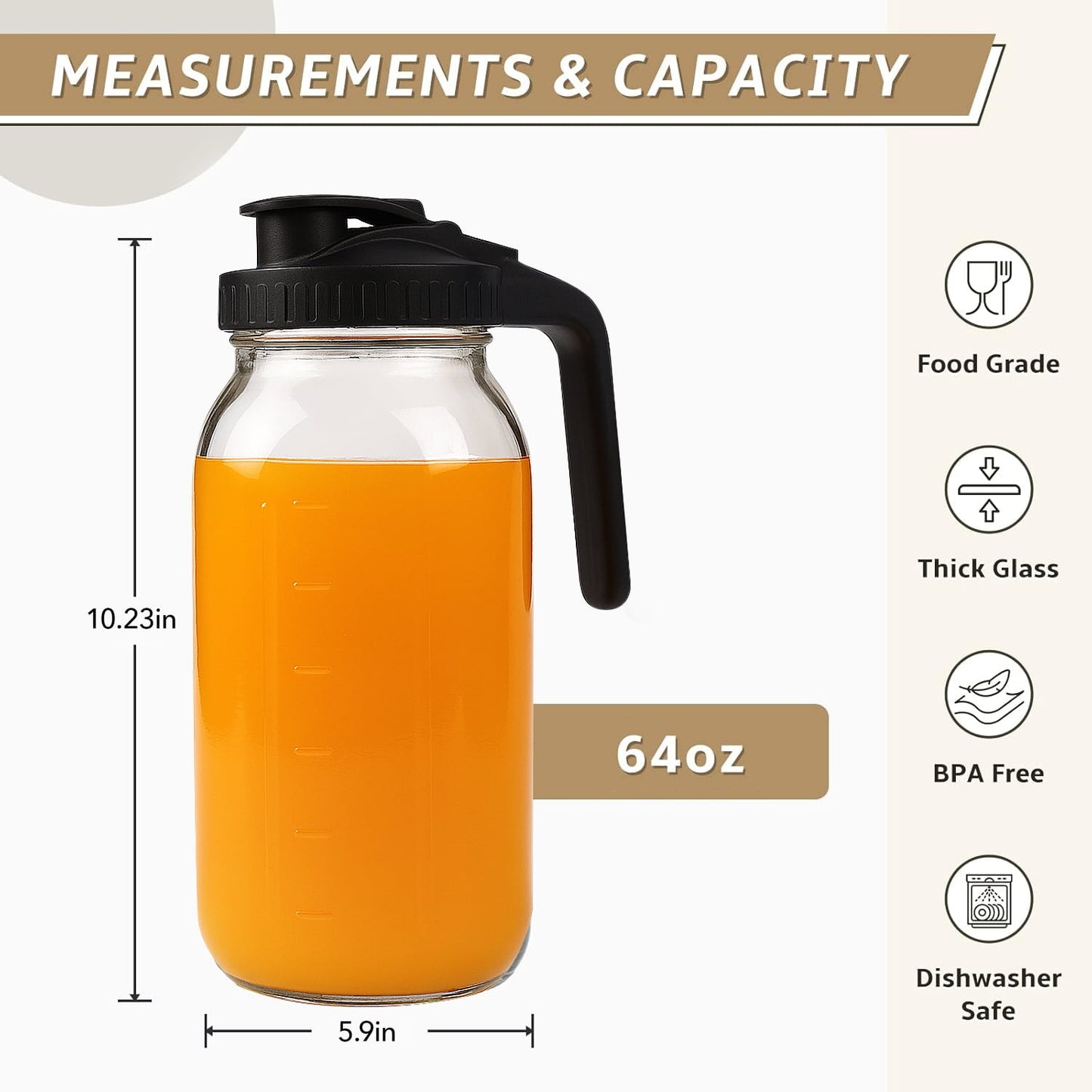 Behome 2 packs Glass Pitcher with Lid, 64 oz Mason Jar Pitcher with Wide Mouth, Heavy Duty Glass Container for Cold Brew Coffee, Iced Tea, Lemonade