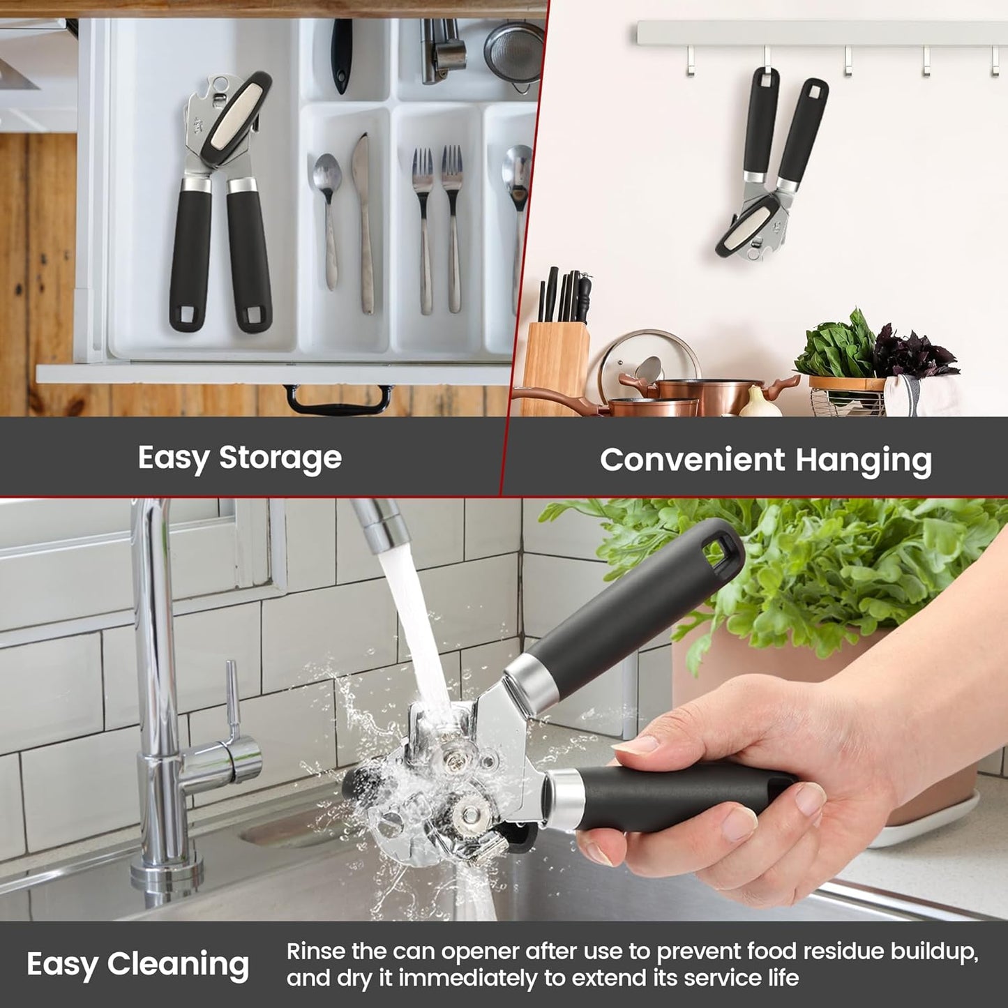 Behome Can Opener with Bottle Opener, Heavy Duty Manual Can Opener with With Turn Knob & Soft Handle, for Kitchen Seniors Friendly, Black