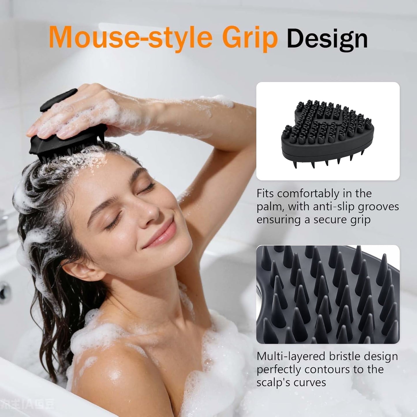 Behome Back Scrubber for Shower & Heart-shaped Shampoo Brush, Anti Slip Long Handle Bath Brush , Silicone Bath Accessory for Men & Women (Black)