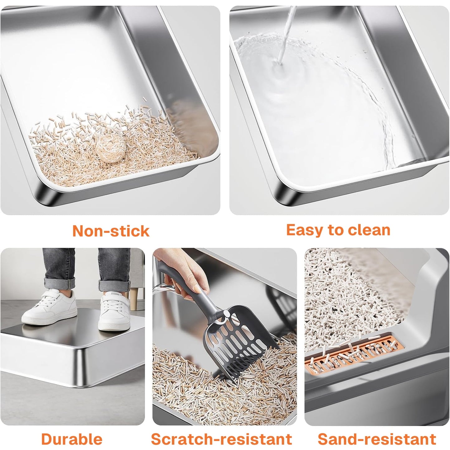 Behome XXL Stainless Steel Cat Litter Box, Extra Large Litter Box for Large Cats, Anti-Urine Leakage, Easy Cleaning, Include Scoop & Pedal