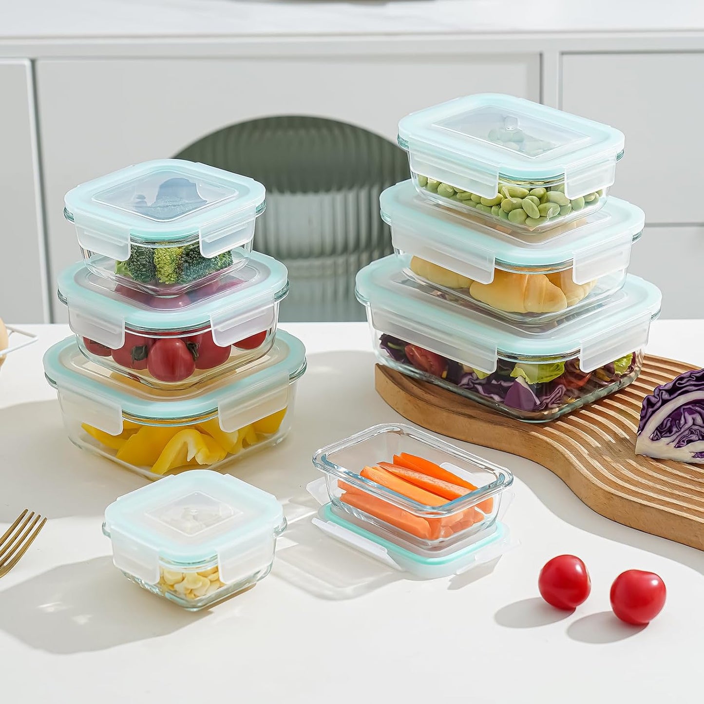 Behome 8 Pack Glass Food Storage Containers with Airtight Lids, BPA Free Glass Meal Prep Containers with Snap Locks, Lunch Containers for Microwave, Oven, Freezer and Dishwasher