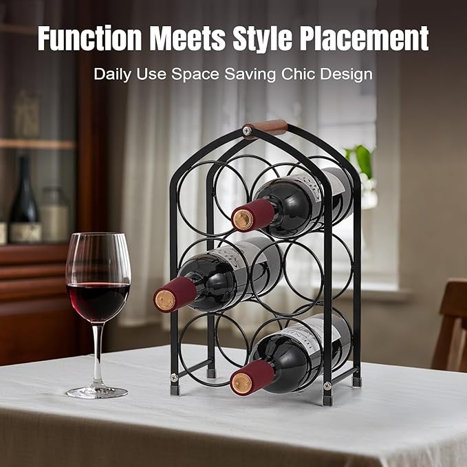 Behome Countertop Wine Rack, 6 Bottles Tabletop Metal Arched Wine Bottle Holder, Wood Handle, for Home Decor, Bar, Wine Cellar, Cabinet, Pantry, etc