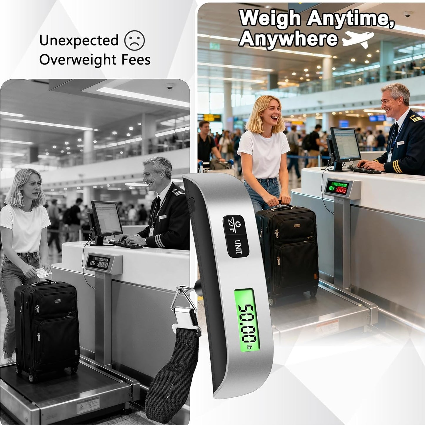 Behome Digital Luggage Scale, Hanging Baggage Scale with Temperature Sensor, Portable Travel Suitcase Weighing Scale with LCD Display, 110 Pounds, Battery Included