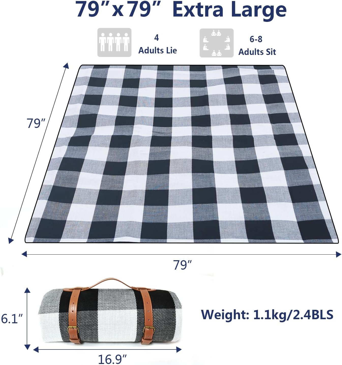 BN-LINK Extra Large Picnic Blanket with Carry Strap, 78'' x 78'' Waterproof Sandproof Foldable Compact Beach Blanket, Outdoor Mat for Camping, Park, Beach, Grass