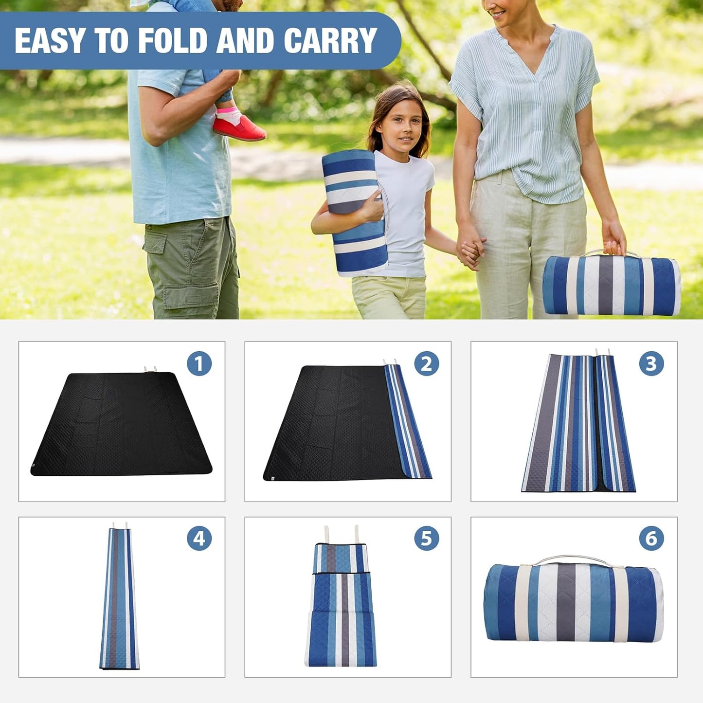 BN-LINK Extra Large Picnic Blanket with Carry Strap, 78'' x 78'' Waterproof Sandproof Foldable Compact Beach Blanket, Outdoor Mat for Camping, Park, Beach, Grass