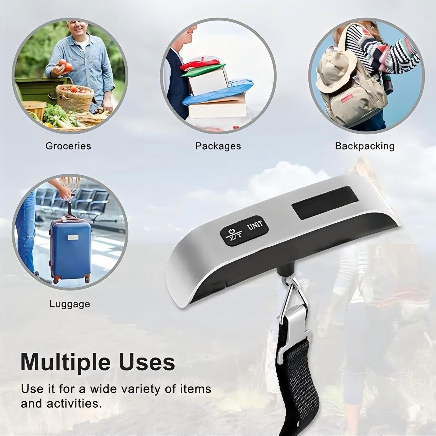 Behome Digital Luggage Scale, Hanging Baggage Scale with Temperature Sensor, Portable Travel Suitcase Weighing Scale with LCD Display, 110 Pounds, Battery Included