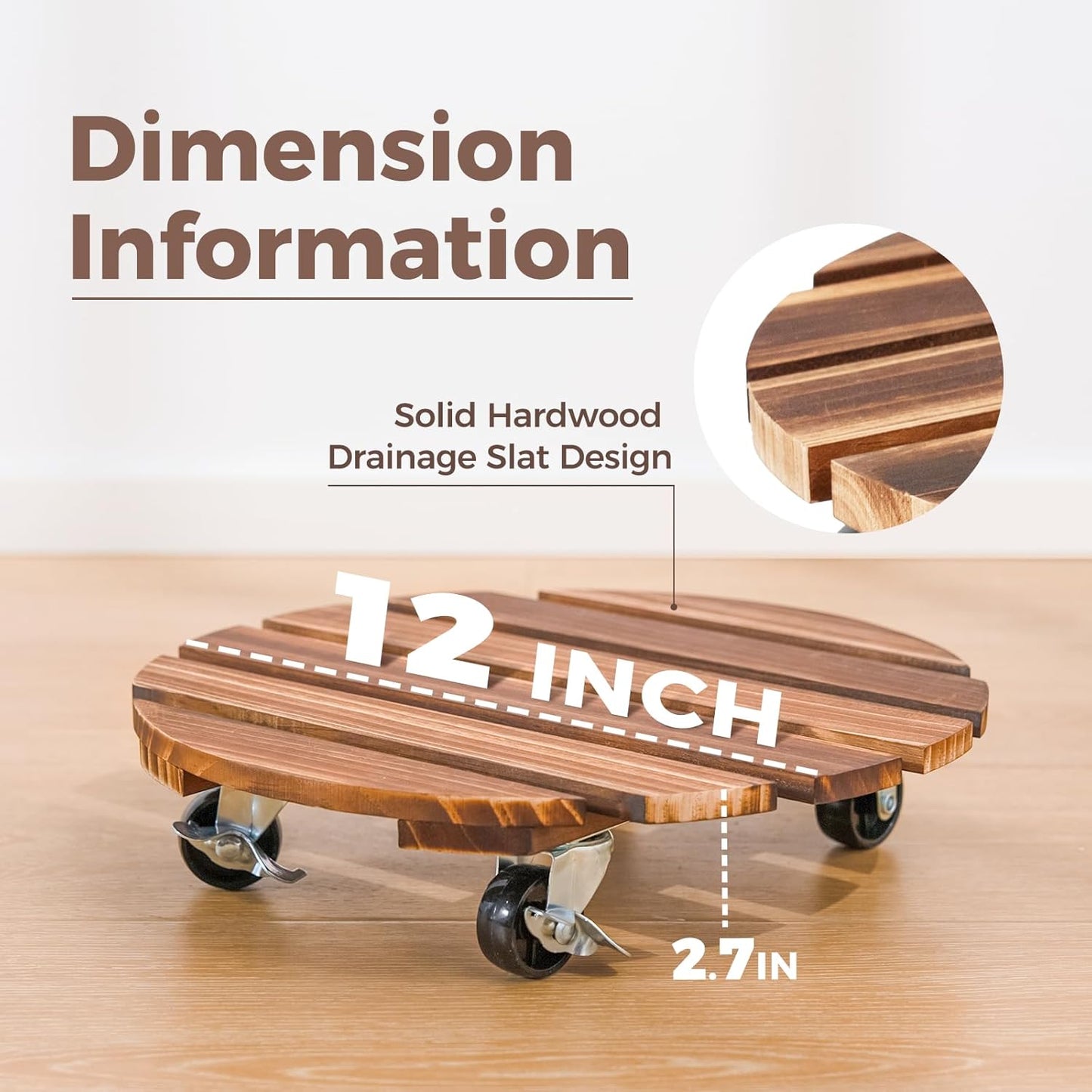 Behome 2 Pack 12" Plant Caddy with Wheels, Heavy Duty Wood Rolling Plant Stand with Lockable Wheels, 200 lb Capacity, Plant Dolly for Large Planters, Flower Pot, Heavy Objects Hauling