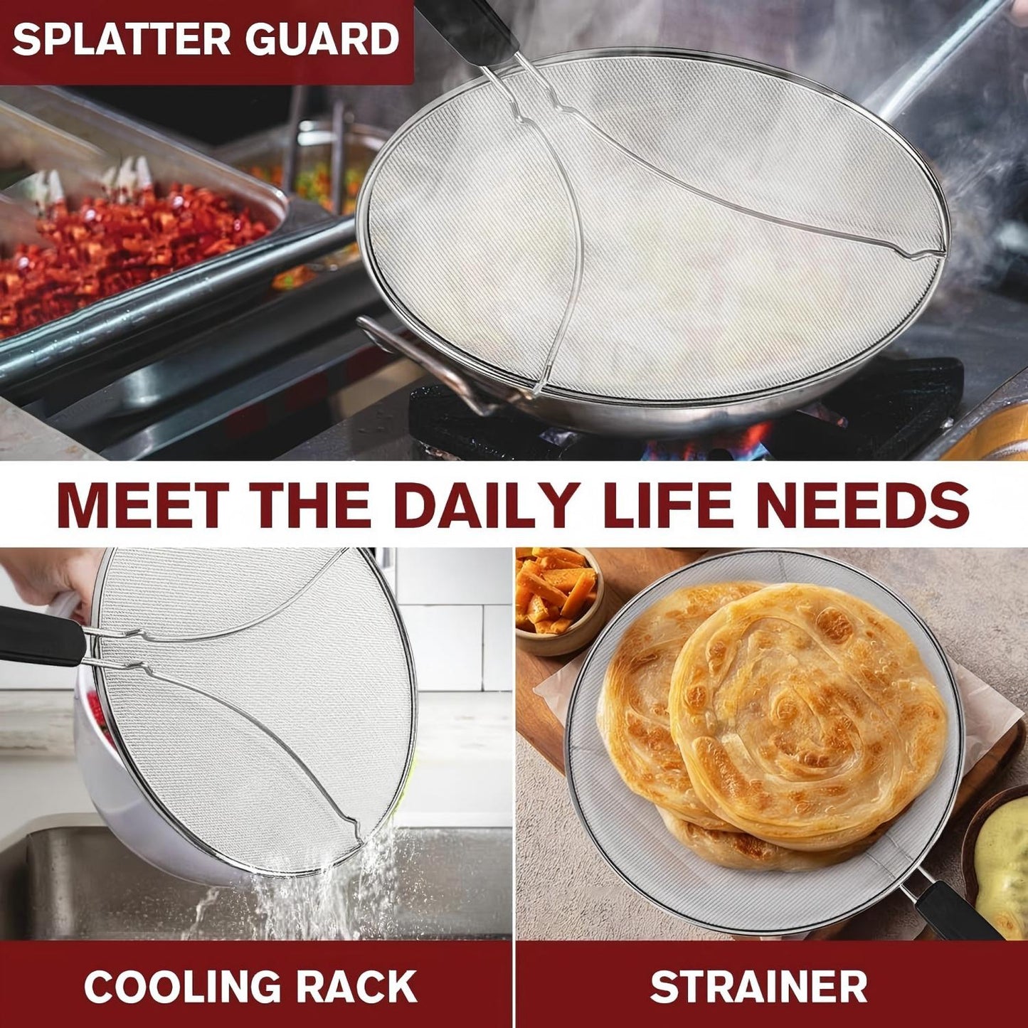 Behome 3 Pack Splatter Screen Set for Frying Pan, 13", 11.5", 9.5" Stainless Steel Grease Splatter Guard, Heat-Resistant Handle, Oil Splash Cover for Bacon, Fried Chicken & Cooking