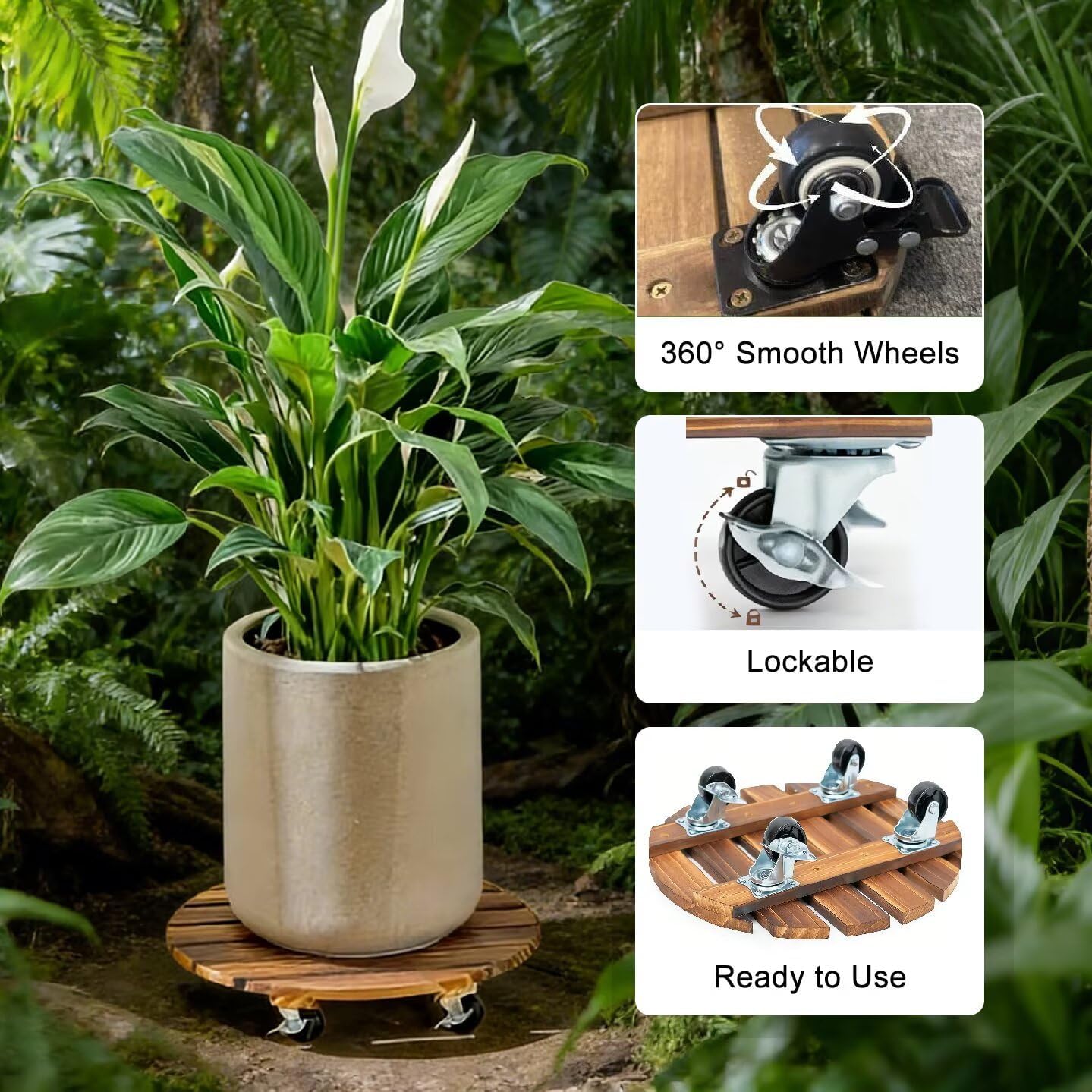 Behome 2 Pack 12" Plant Caddy with Wheels, Heavy Duty Wood Rolling Plant Stand with Lockable Wheels, 200 lb Capacity, Plant Dolly for Large Planters, Flower Pot, Heavy Objects Hauling
