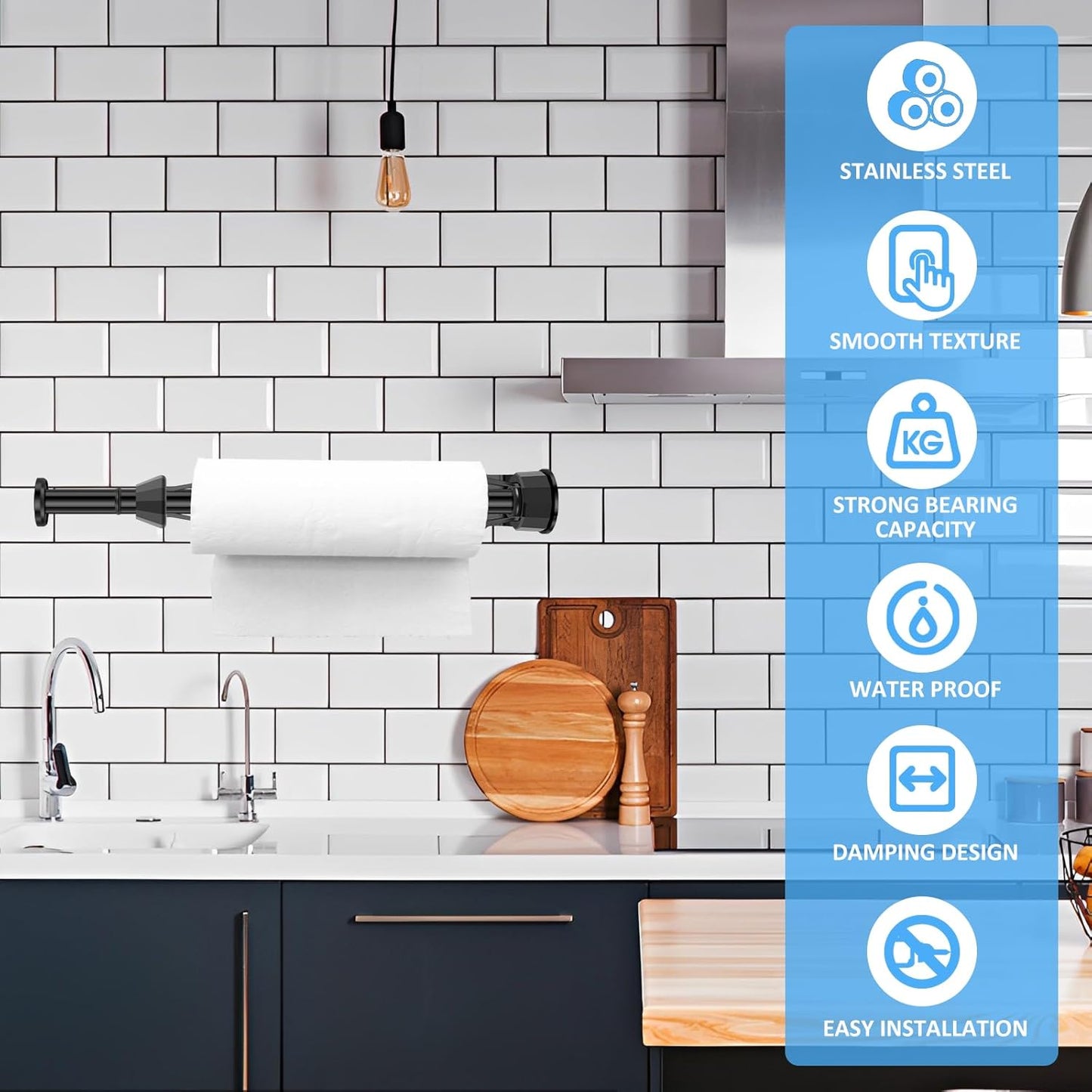 Behome Paper Towel Holder Under Cabinet, One-Handed Tear, Wall Mount Stainless Steel Paper Roll Holder with Damping Effect, Self-Adhesive or Drilled for Kitchen, Bathroom