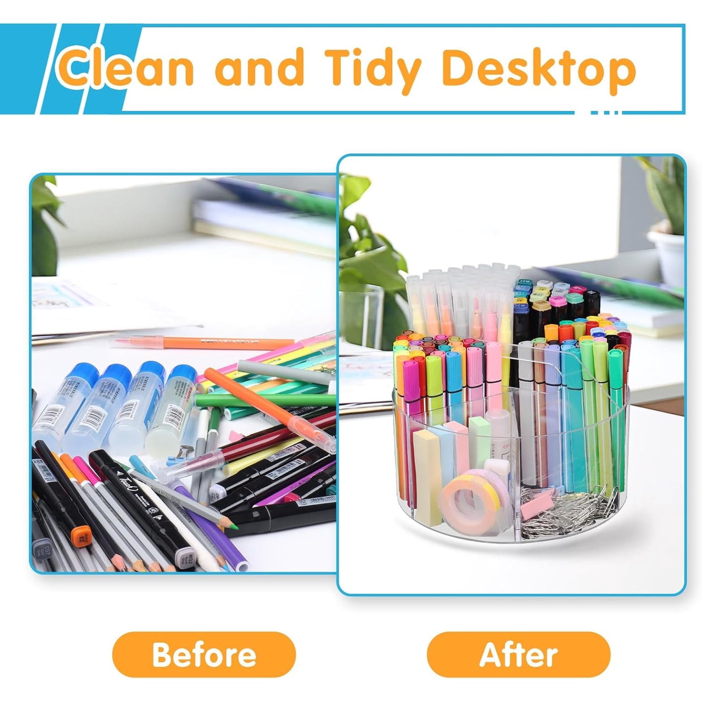 Behome Marker Organizer, 360-Degree Rotating Pencil Holder, Rotating Desk Acrylic Office Organizer with 6 Compartments, Art Supply Storage Organizer for School Home