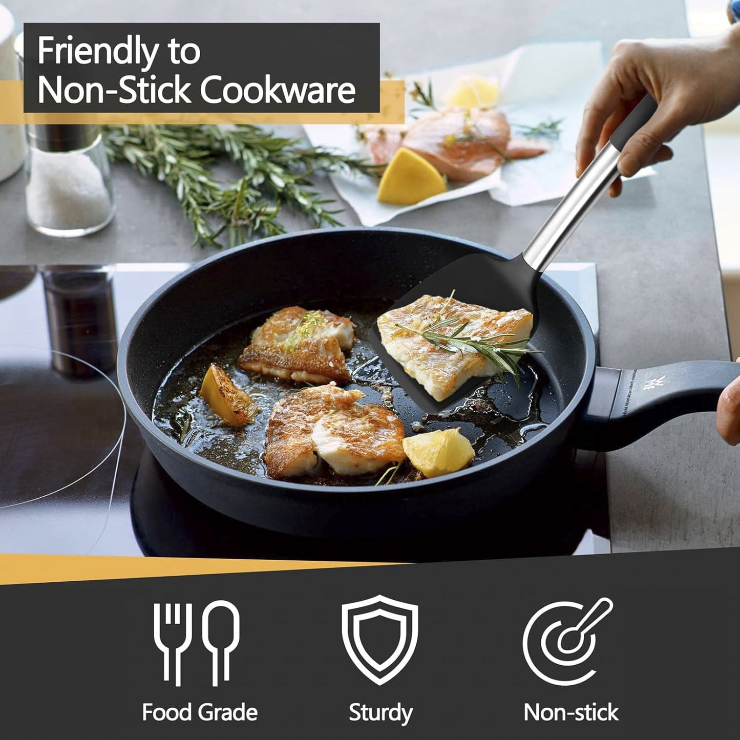 Behome 2 Pack Spatulas, Non Stick Turners with Silicone Handle, High Heat Resistant BPA Free Cooking Utensils, for Fish, Eggs, Pancakes(Black)