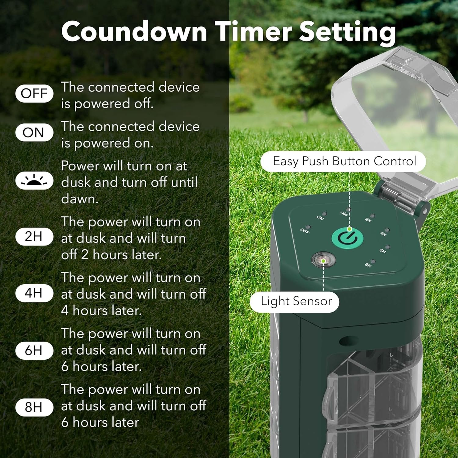 HBN Outdoor Power Strip Timer with Photocell, Yard Stake Countdown Timer(2, 4, 6, 8 Hour),Outside lights timer Dusk to Dawn,Weatherproof extension cord for Christmas Lights, Outdoor Lights,6 Outlets